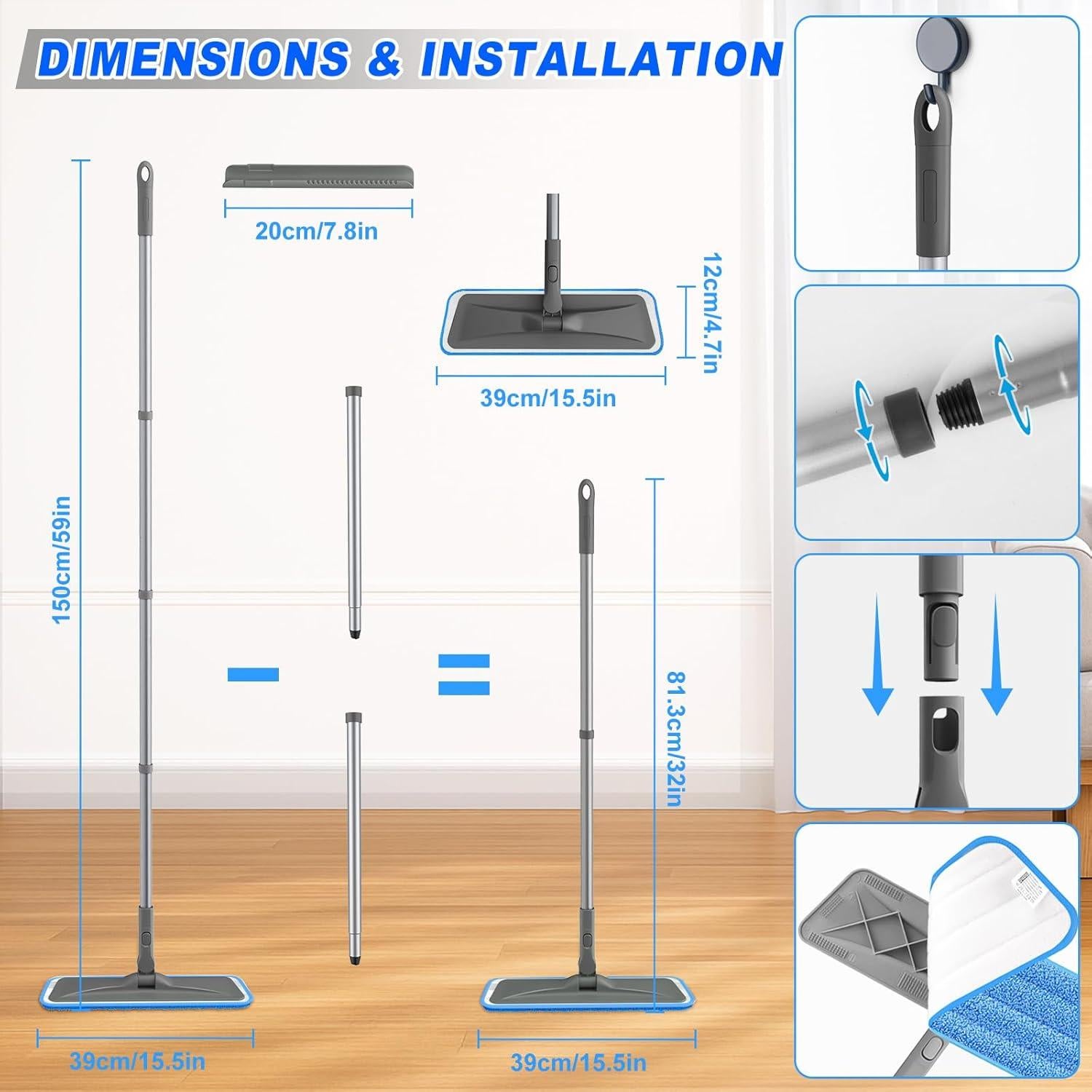 Mop de Microfibra BPAWA con Mango Ajustable 150cm y 4 Almohadillas