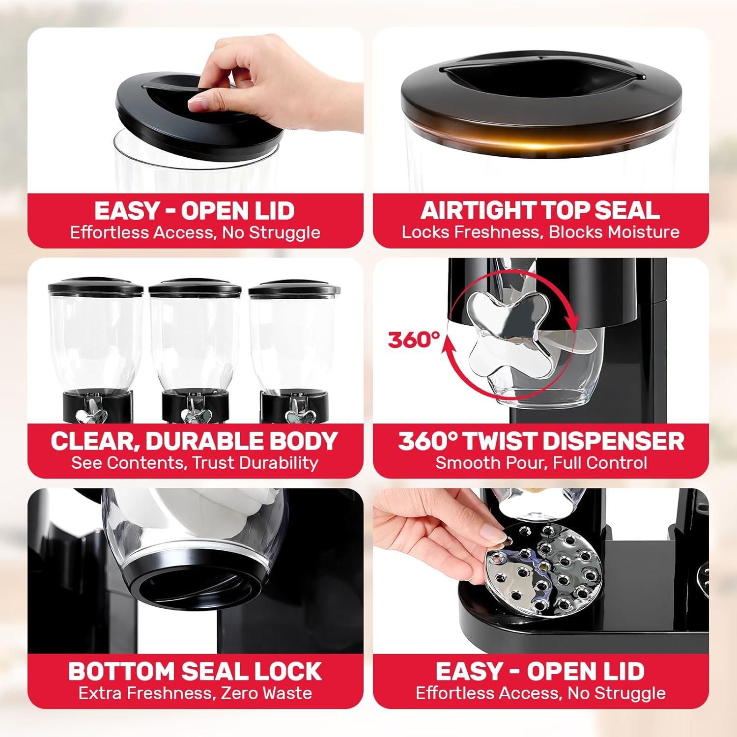 Dispensador de Cereal Triple Adorabby 6L Hermético Negro