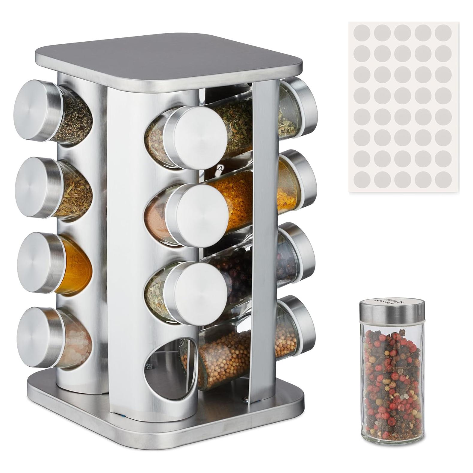 Carrusel de Especias Relaxdays, 16 Tarros, Acero Inoxidable, 28x20x20 cm
