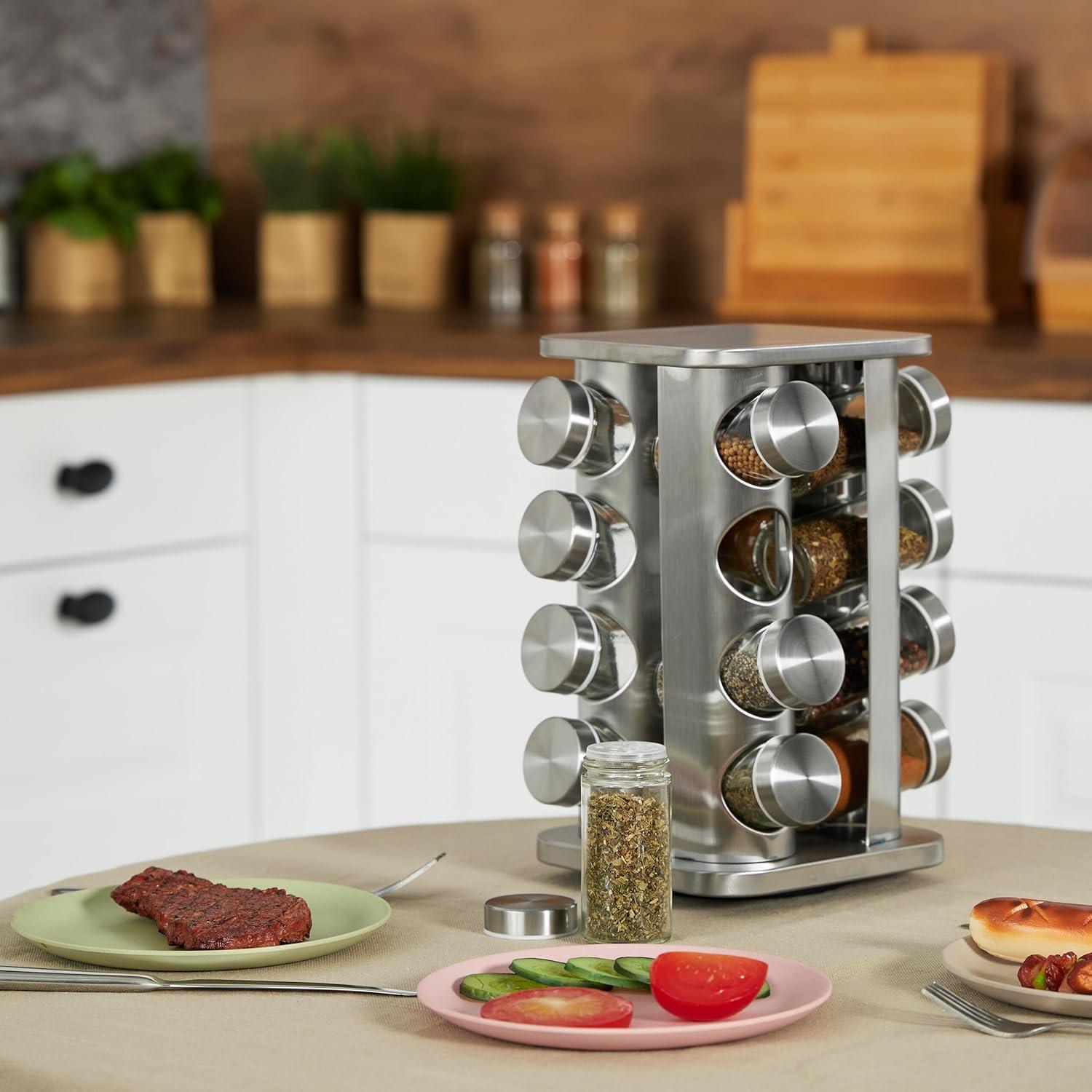 Carrusel de Especias Relaxdays, 16 Tarros, Acero Inoxidable, 28x20x20 cm