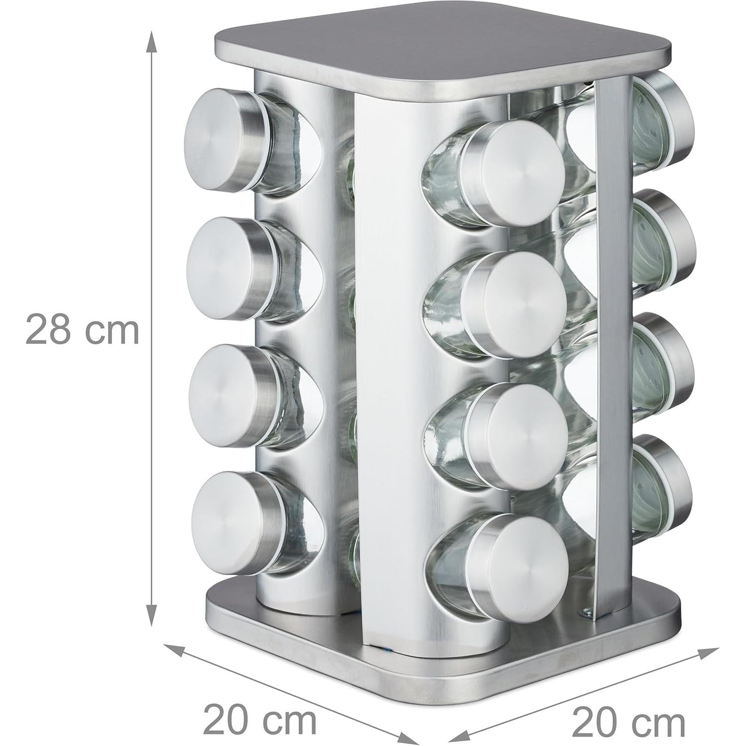 Carrusel de Especias Relaxdays, 16 Tarros, Acero Inoxidable, 28x20x20 cm