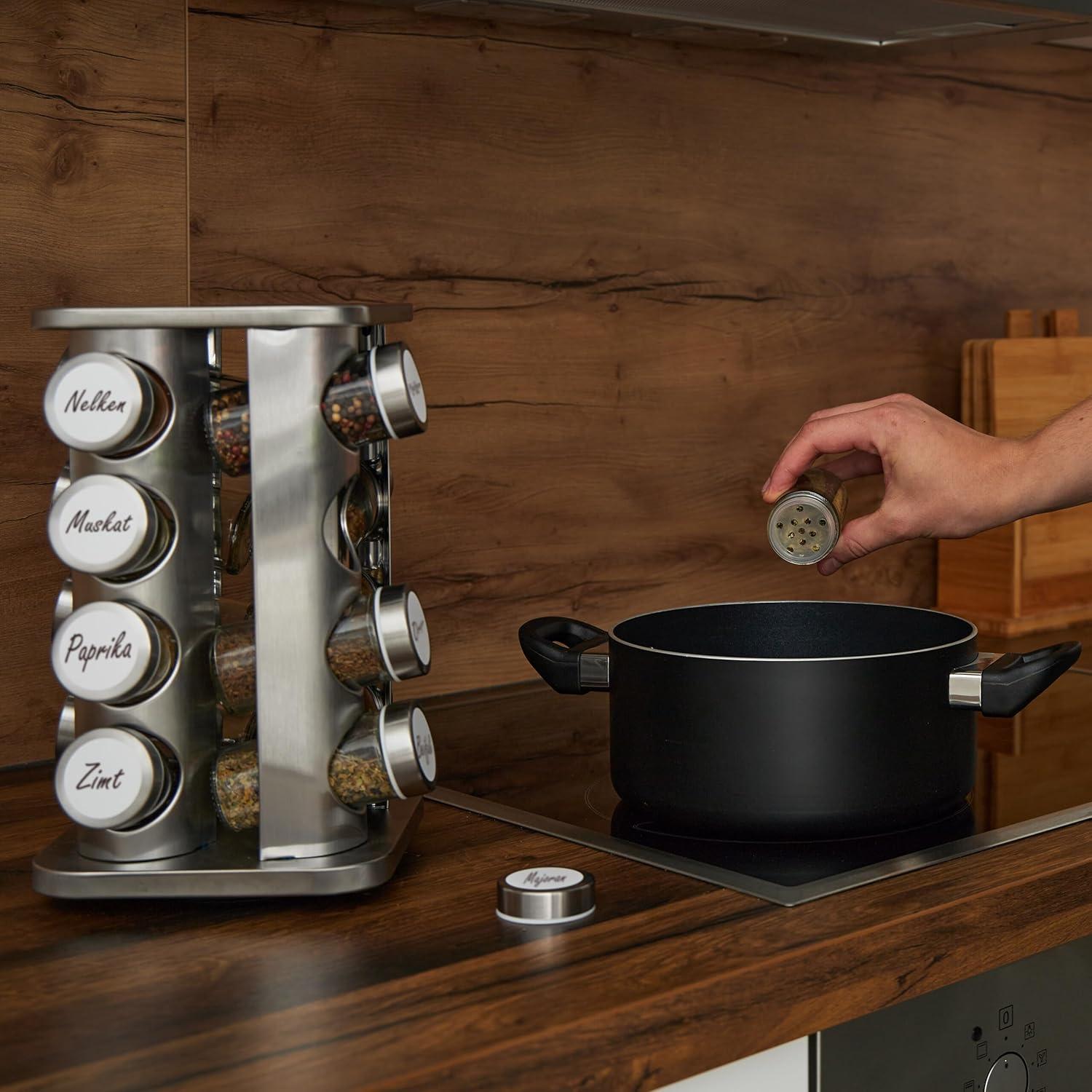 Carrusel de Especias Relaxdays, 16 Tarros, Acero Inoxidable, 28x20x20 cm