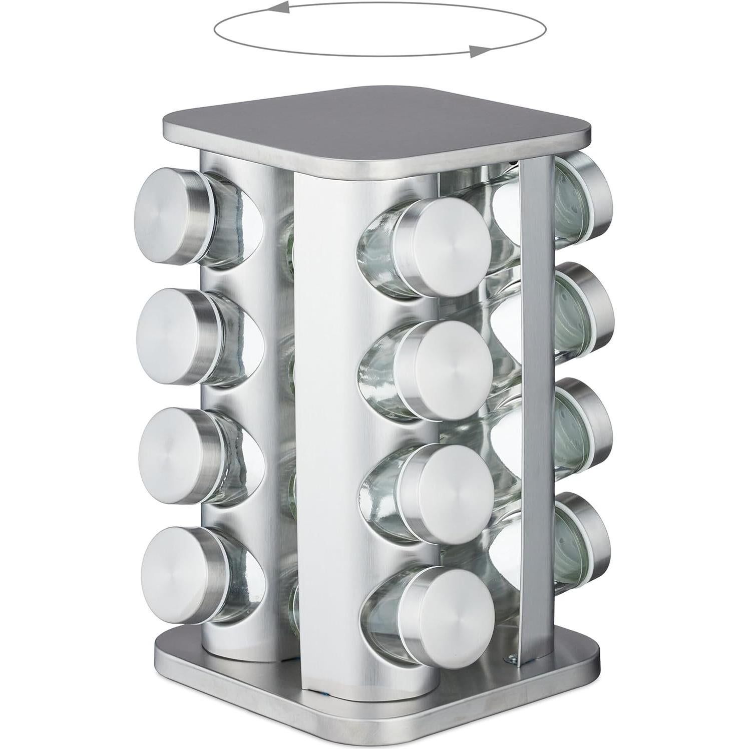 Carrusel de Especias Relaxdays, 16 Tarros, Acero Inoxidable, 28x20x20 cm