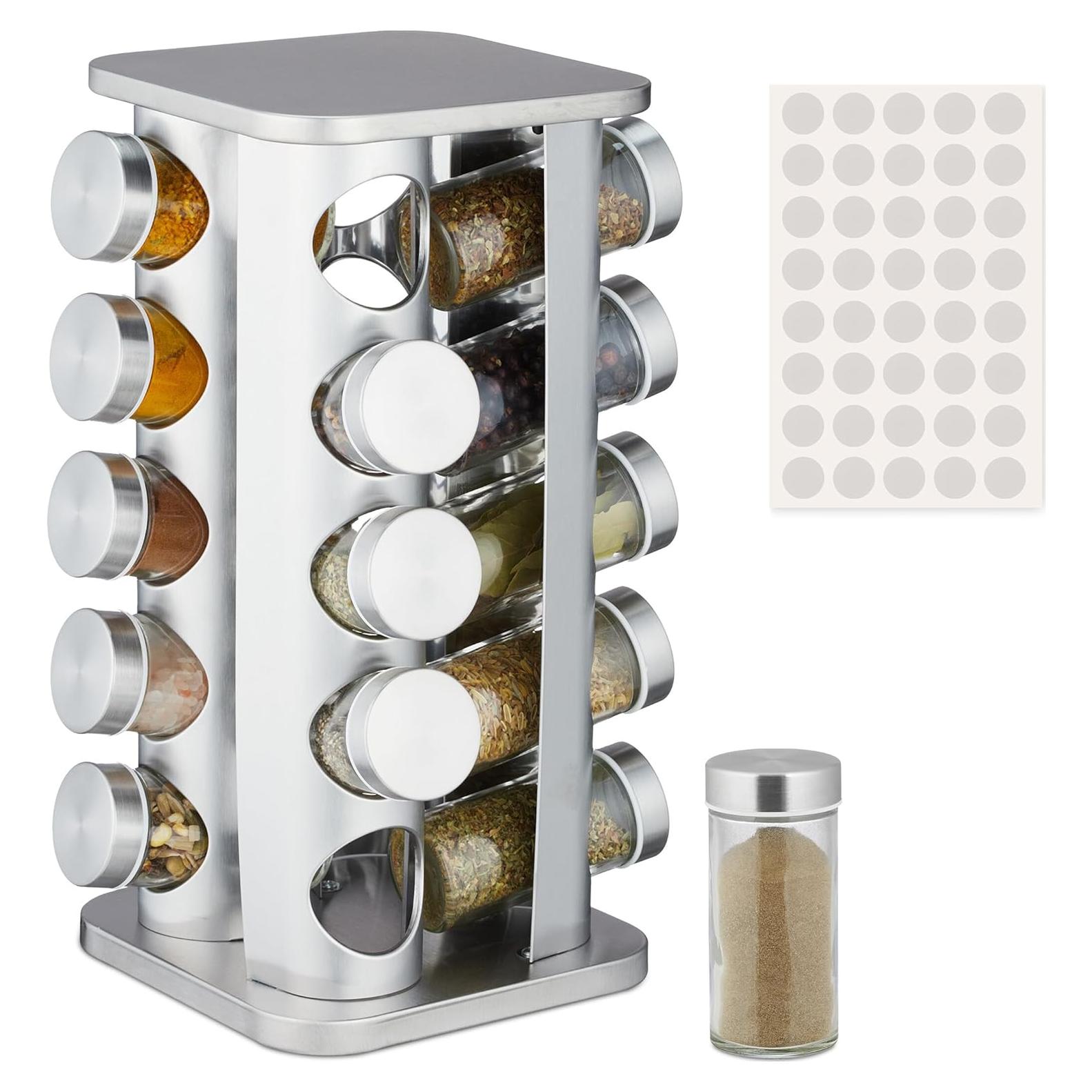 Carrusel de Especias Relaxdays, 20 Tarros, Acero Inoxidable, Plata