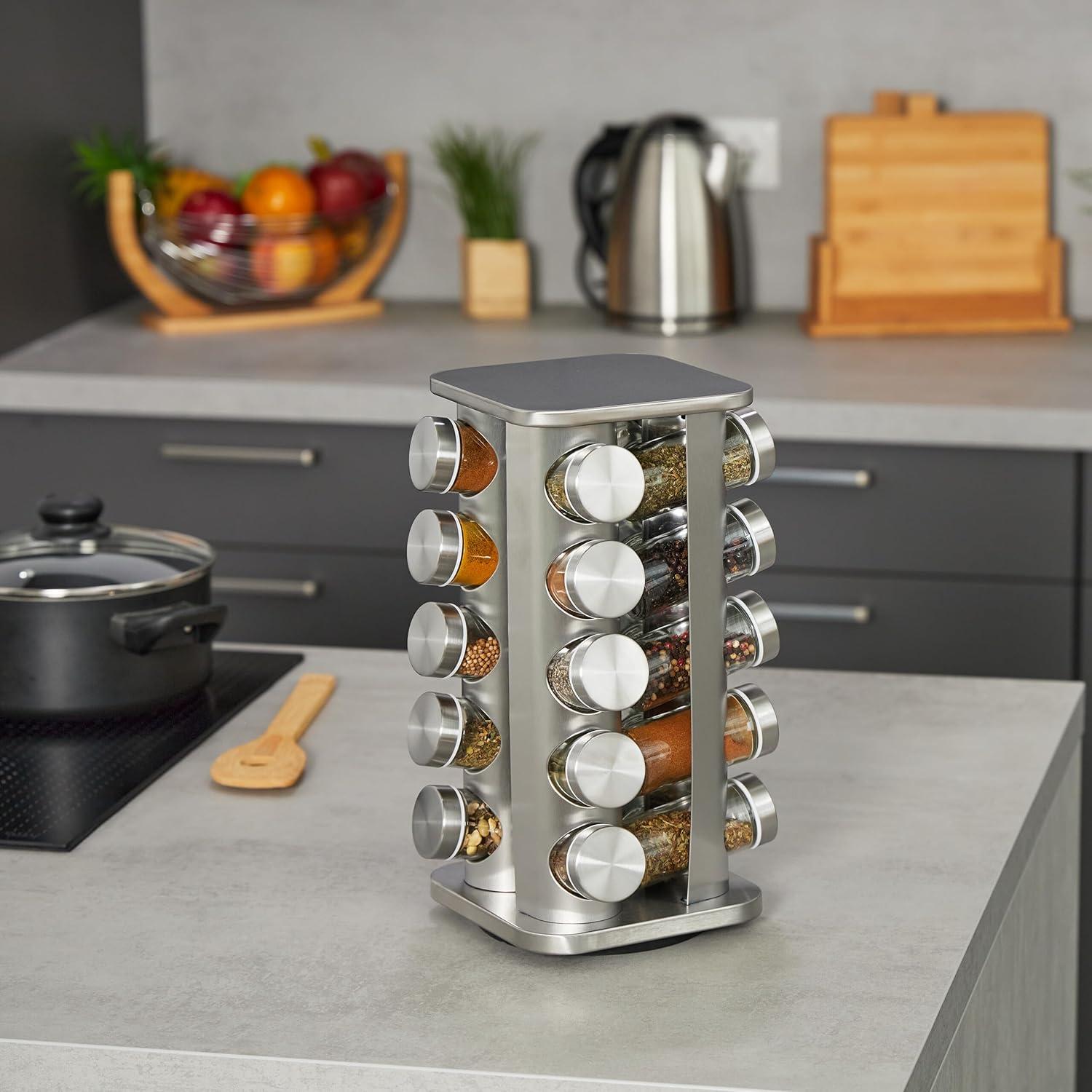 Carrusel de Especias Relaxdays, 20 Tarros, Acero Inoxidable, Plata