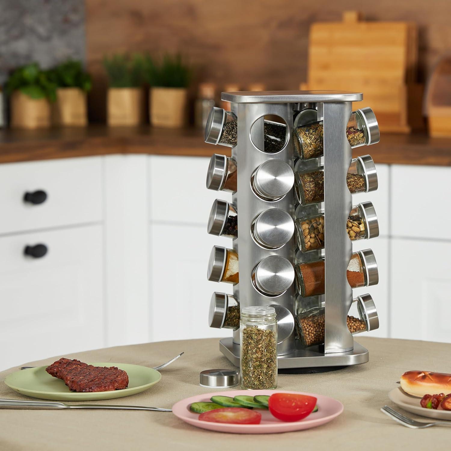 Carrusel de Especias Relaxdays, 20 Tarros, Acero Inoxidable, Plata