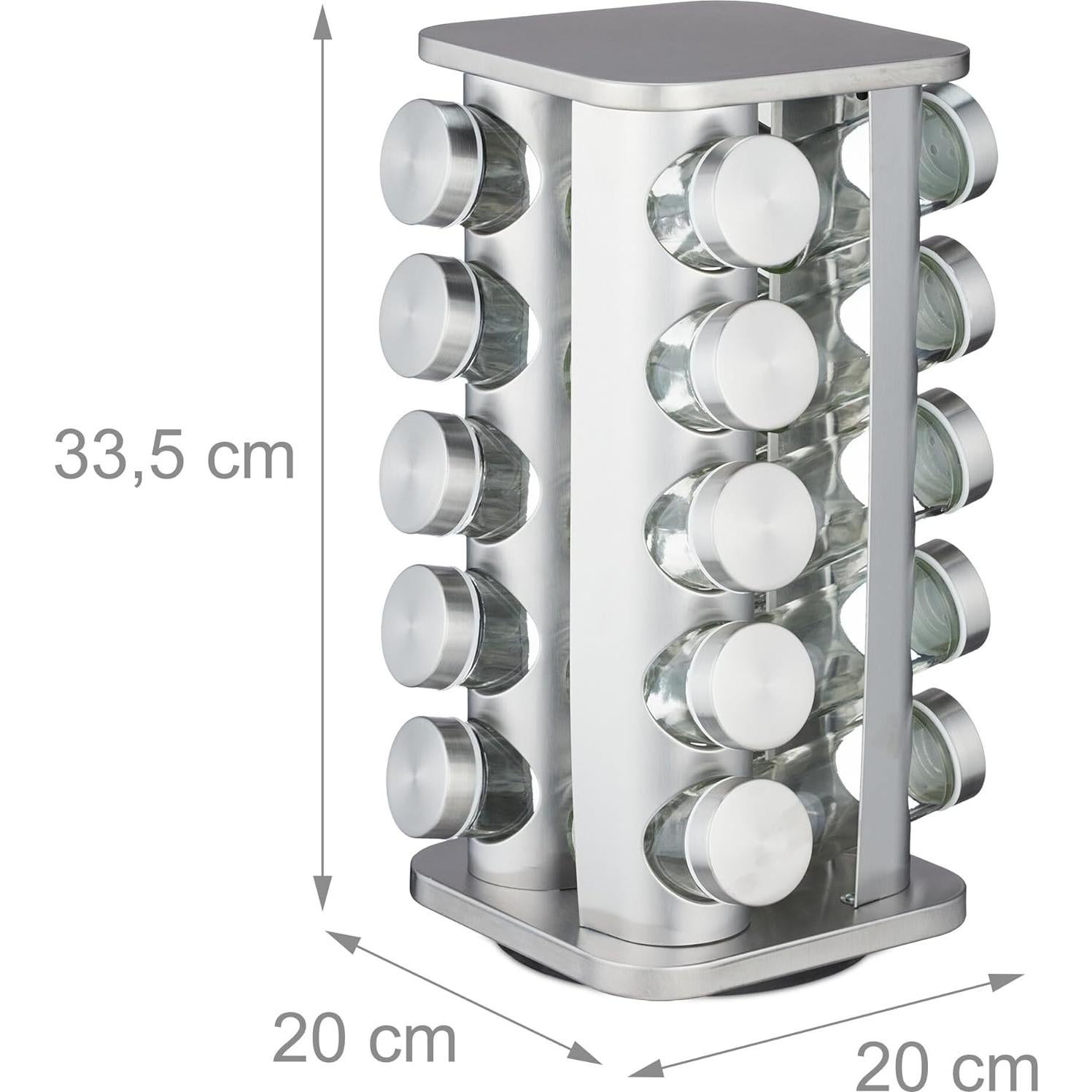 Carrusel de Especias Relaxdays, 20 Tarros, Acero Inoxidable, Plata