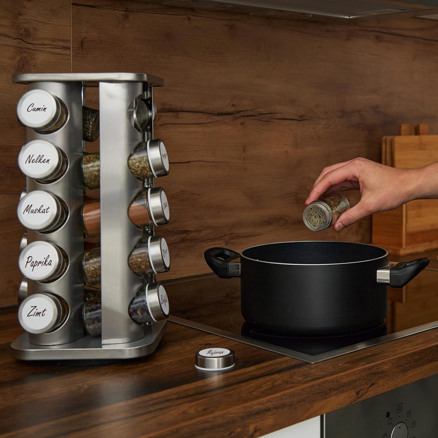 Carrusel de Especias Relaxdays, 20 Tarros, Acero Inoxidable, Plata