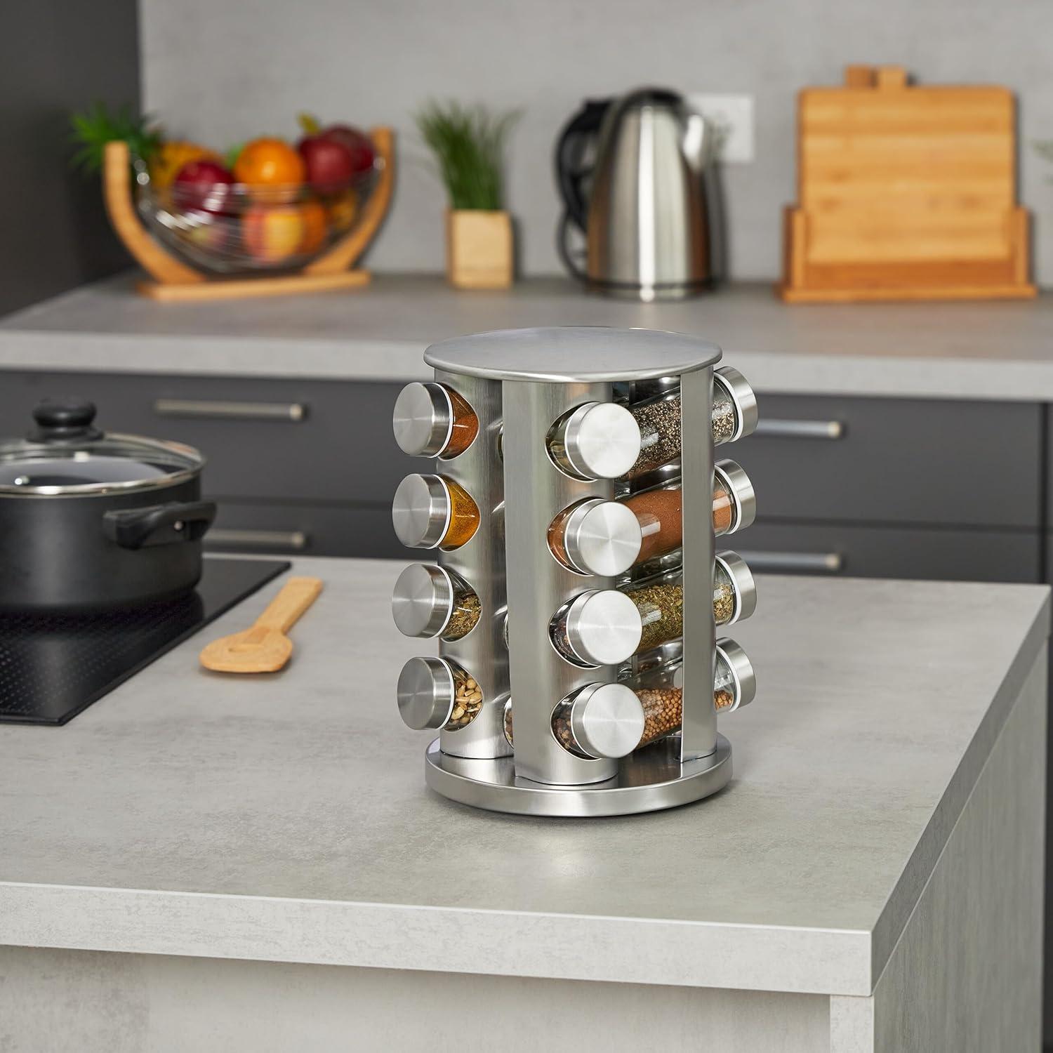 Carrusel de Especias Relaxdays, 16 Tarros 80ml, Acero Inoxidable