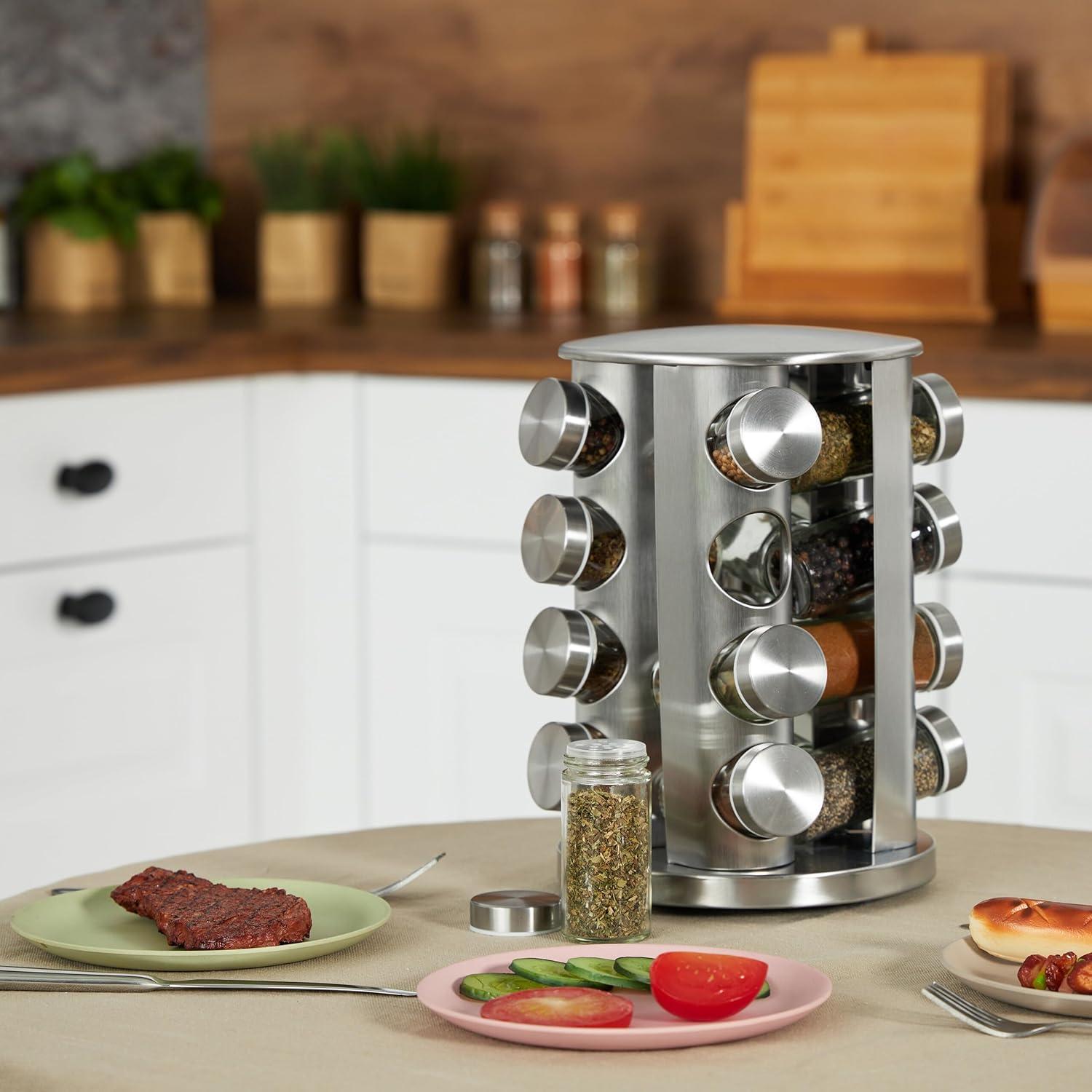 Carrusel de Especias Relaxdays, 16 Tarros 80ml, Acero Inoxidable