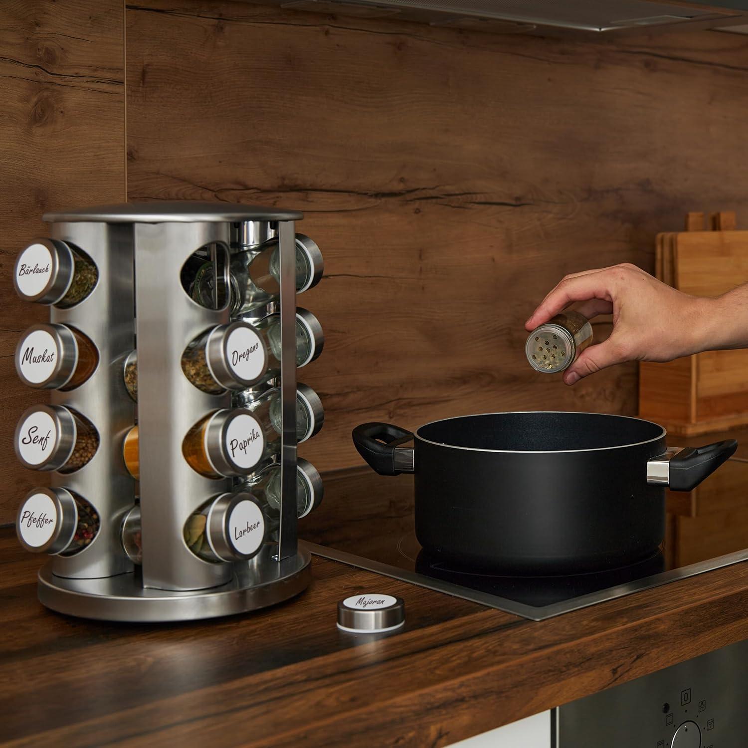 Carrusel de Especias Relaxdays, 16 Tarros 80ml, Acero Inoxidable