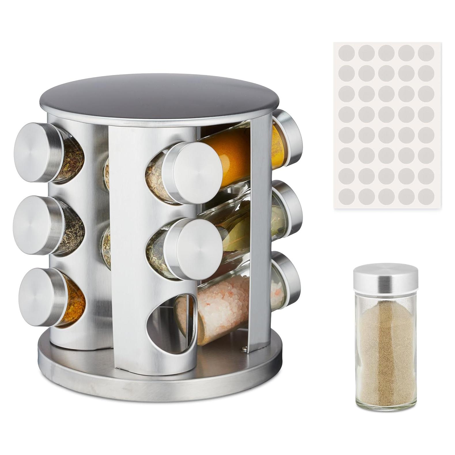 Carrusel de Especias Relaxdays, 12 Tarros 80ml, Acero Inoxidable