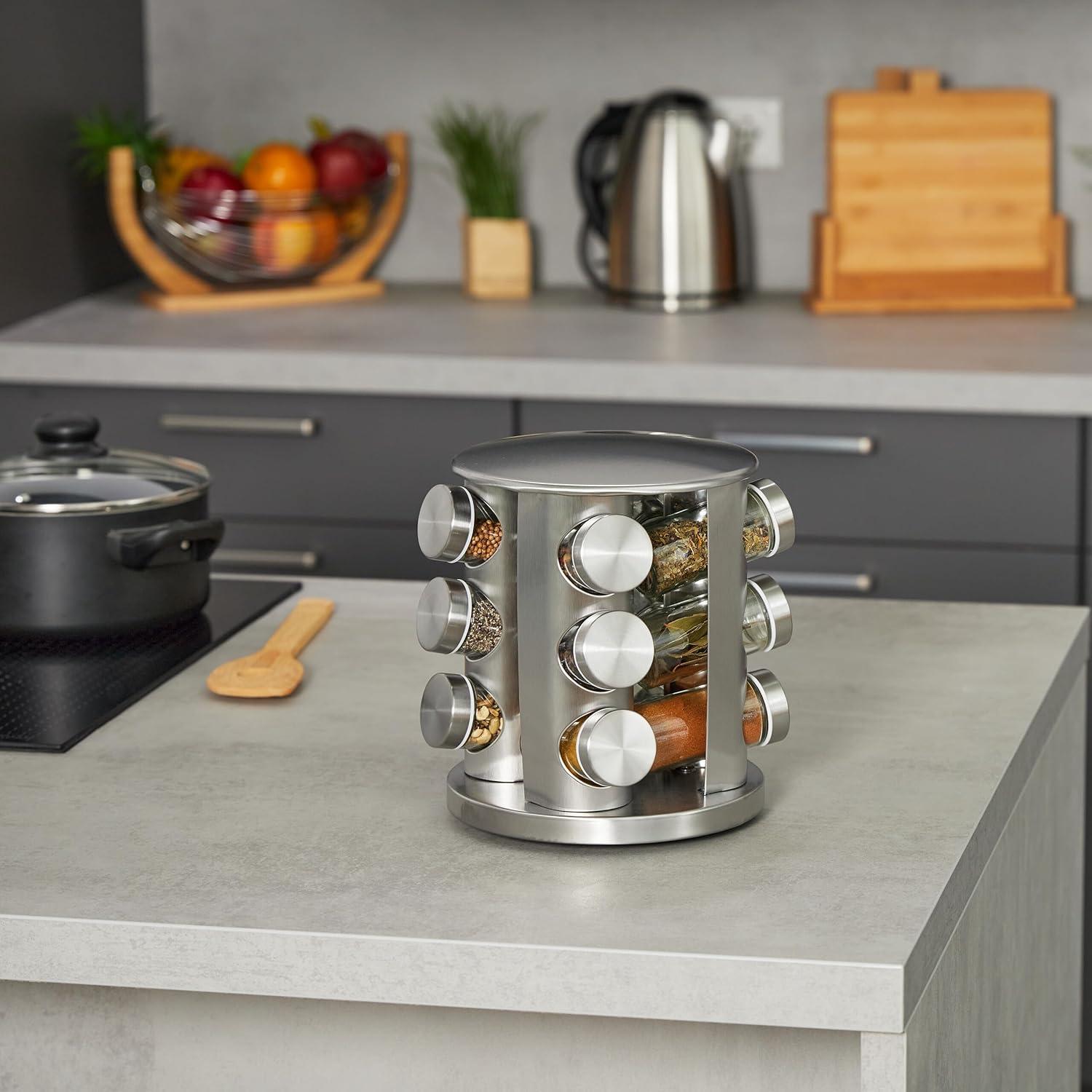 Carrusel de Especias Relaxdays, 12 Tarros 80ml, Acero Inoxidable