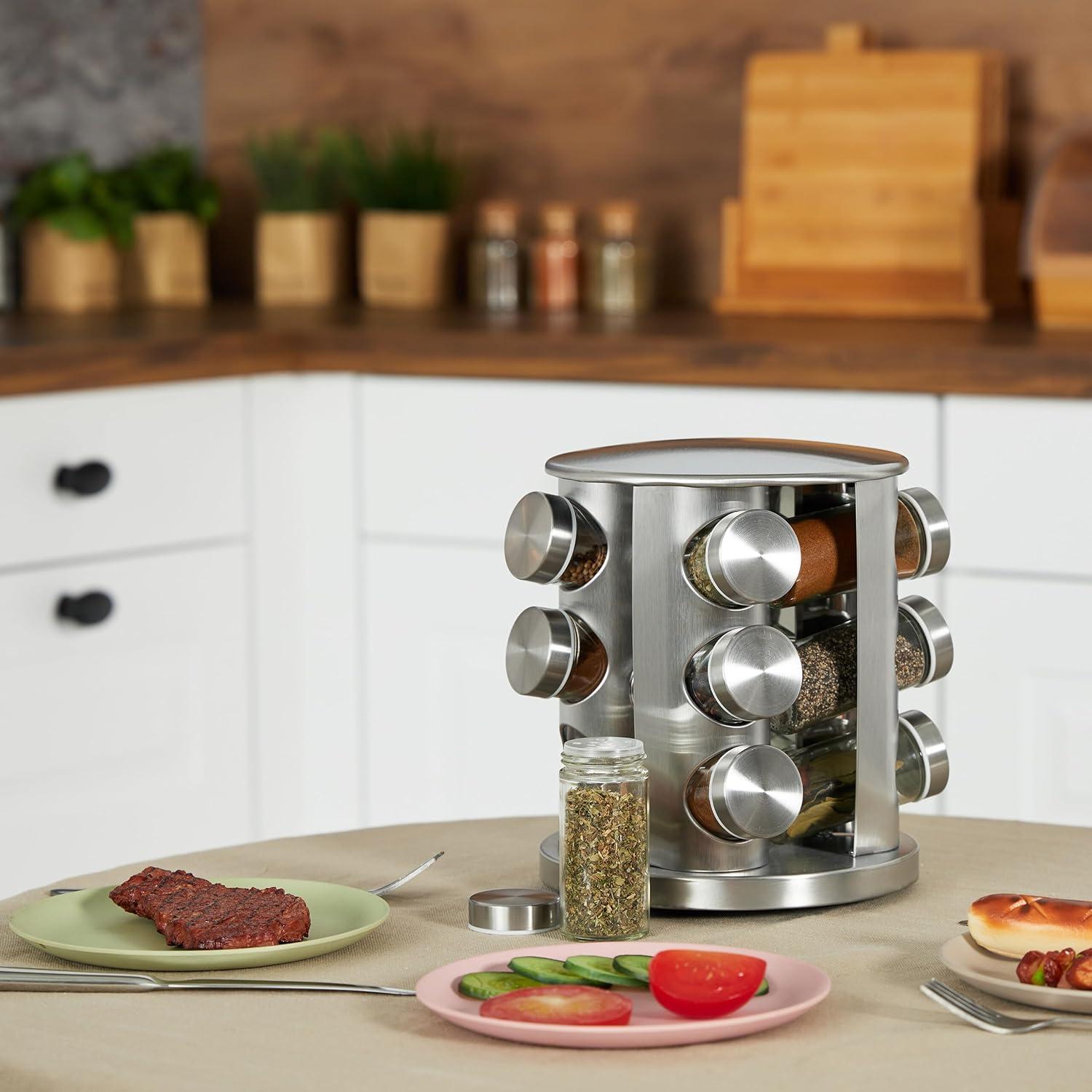 Carrusel de Especias Relaxdays, 12 Tarros 80ml, Acero Inoxidable