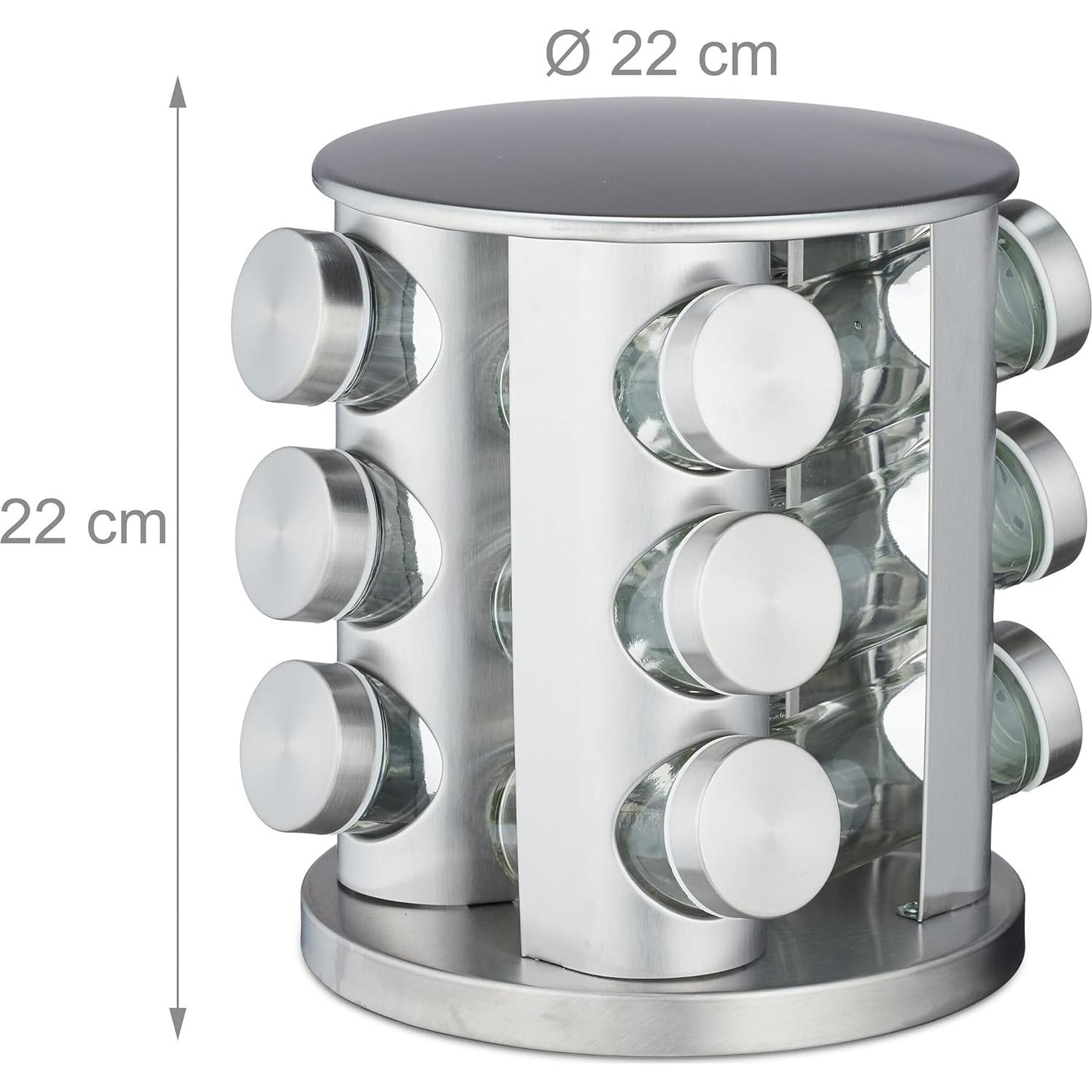 Carrusel de Especias Relaxdays, 12 Tarros 80ml, Acero Inoxidable