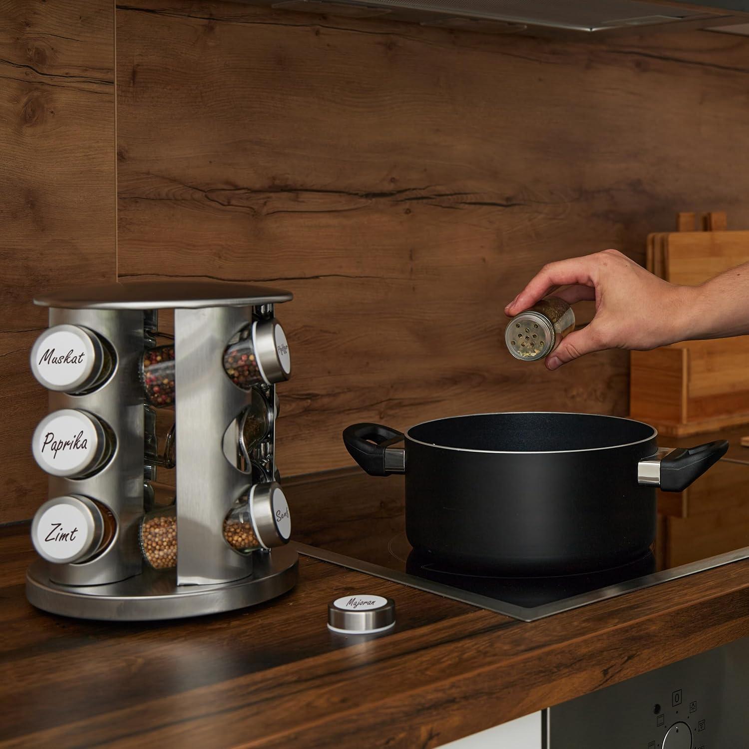 Carrusel de Especias Relaxdays, 12 Tarros 80ml, Acero Inoxidable