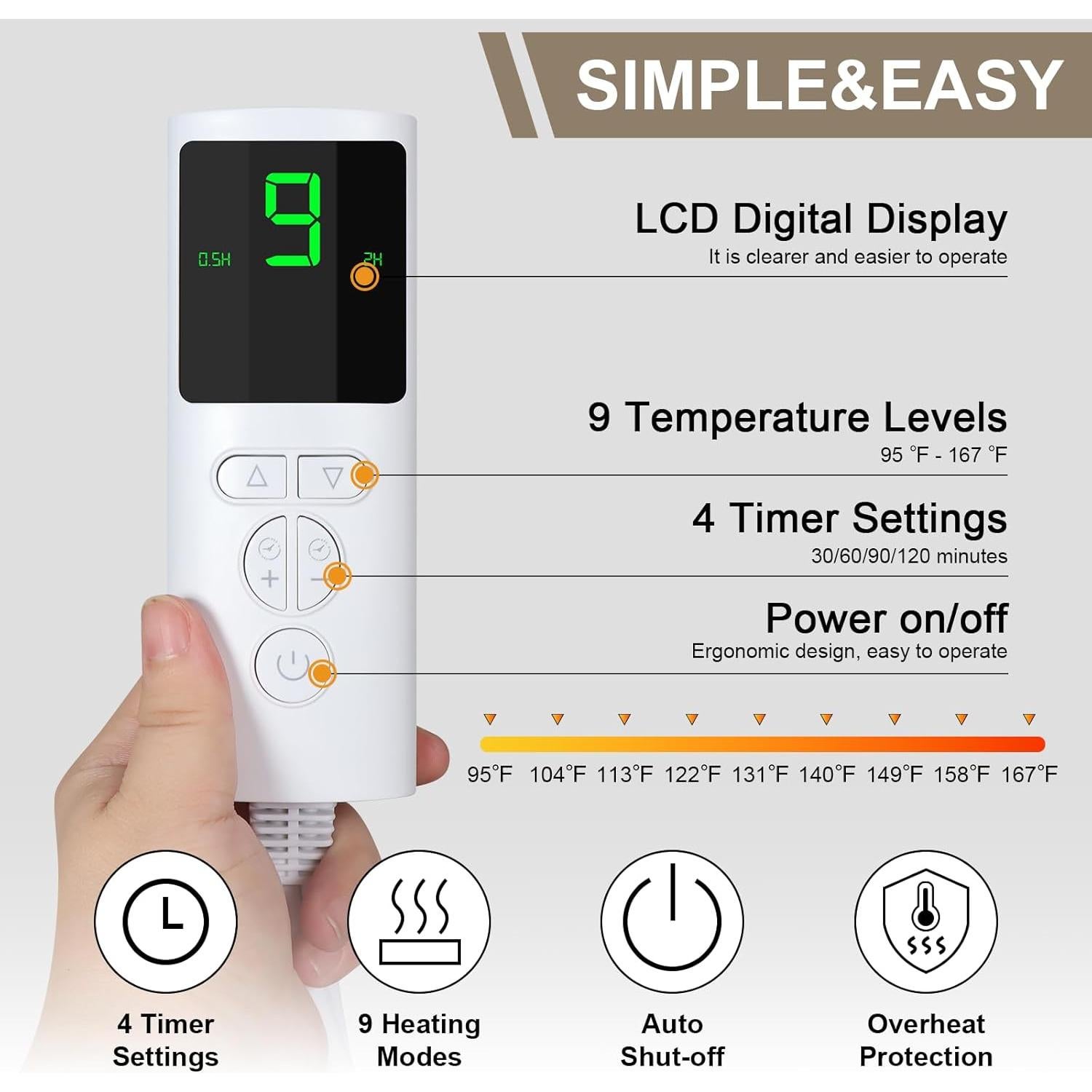 Almohadilla Térmica Eléctrica RDDSIVS 61x89cm 9 Niveles Calor