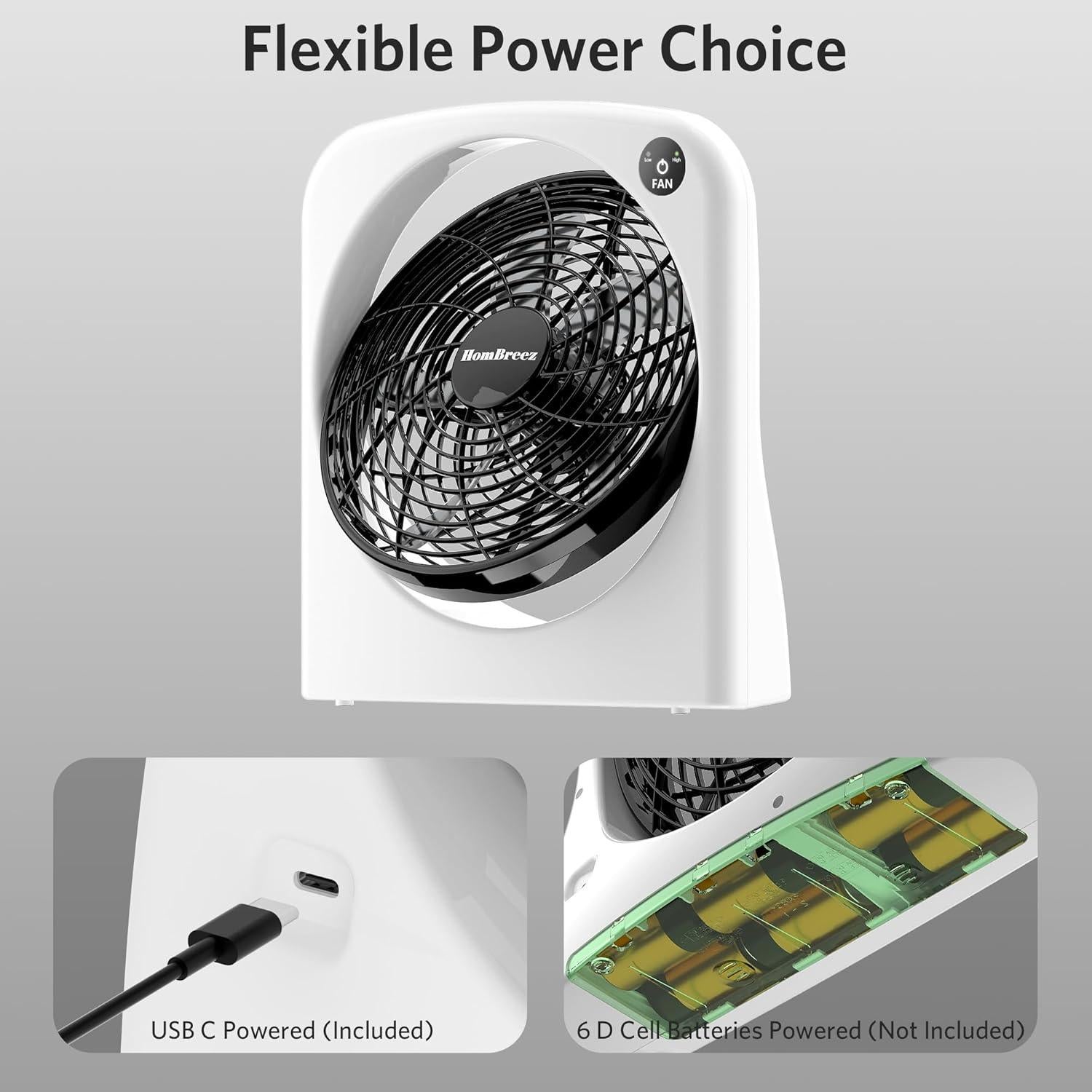 Ventilador de Mesa HomBreez 10" Blanco, USB-C y Batería, 2 Velocidades