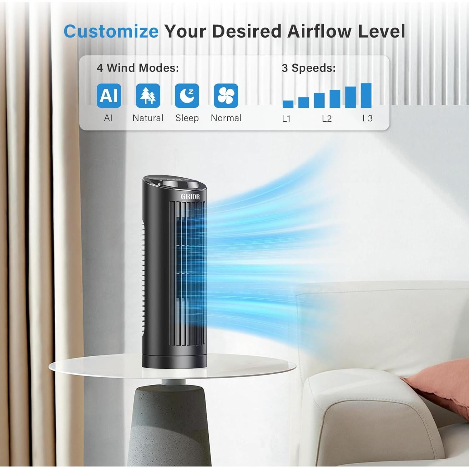 Ventilador de Torre Sin Aspas GRIDR FTS006R 33 cm Oscilante