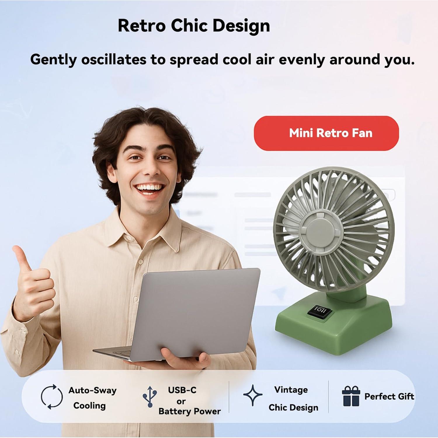 Ventilador de Escritorio Sourcingbay Vintage 10 cm Oscilante USB