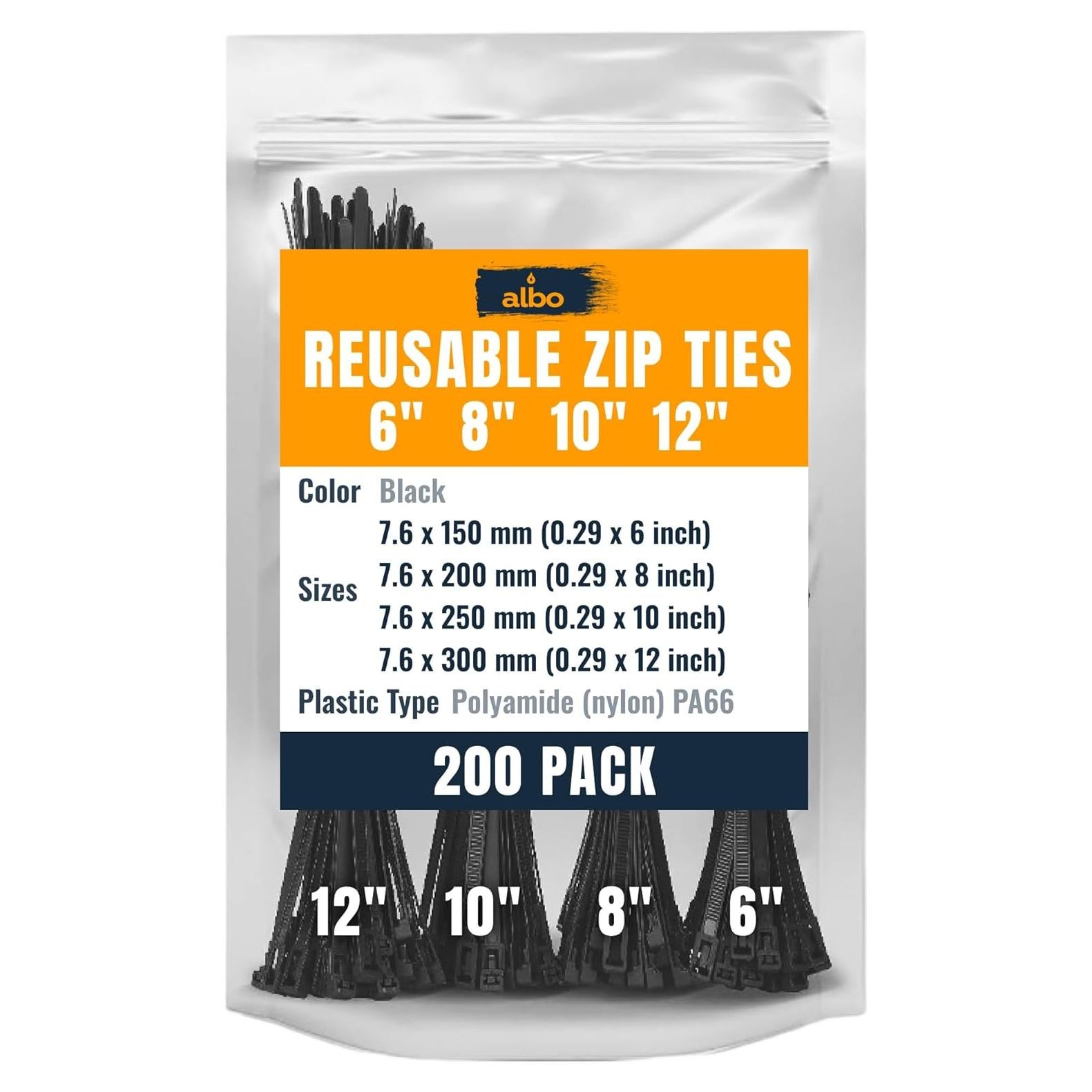 Bridas Reutilizables ALBO 200 Piezas 150-300 mm Resistentes UV