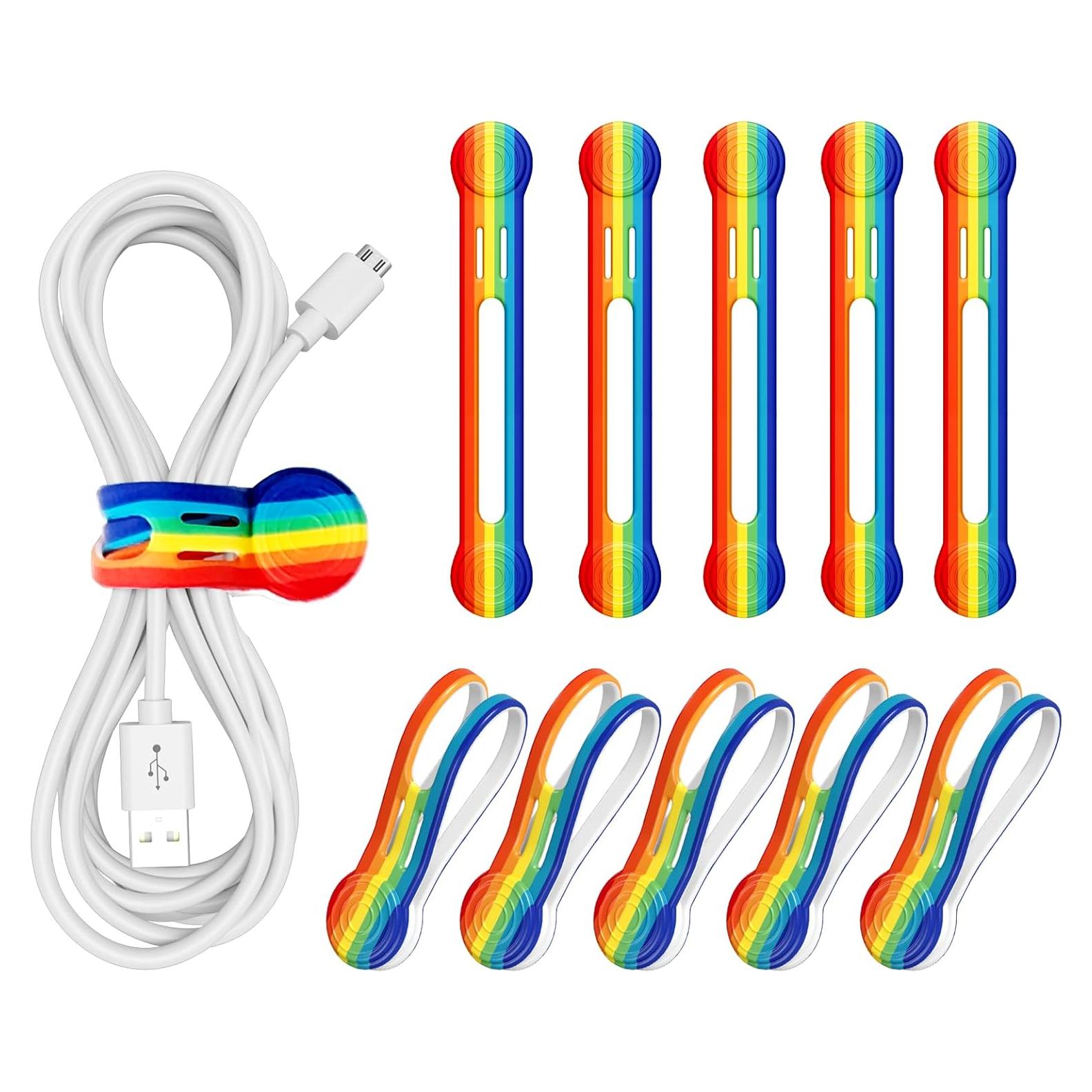 Organizador de Cables Magnético Maveek, 10 Correas de Silicona Arcoíris