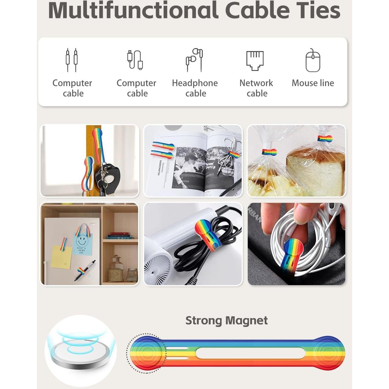 Organizador de Cables Magnético Maveek, 10 Correas de Silicona Arcoíris