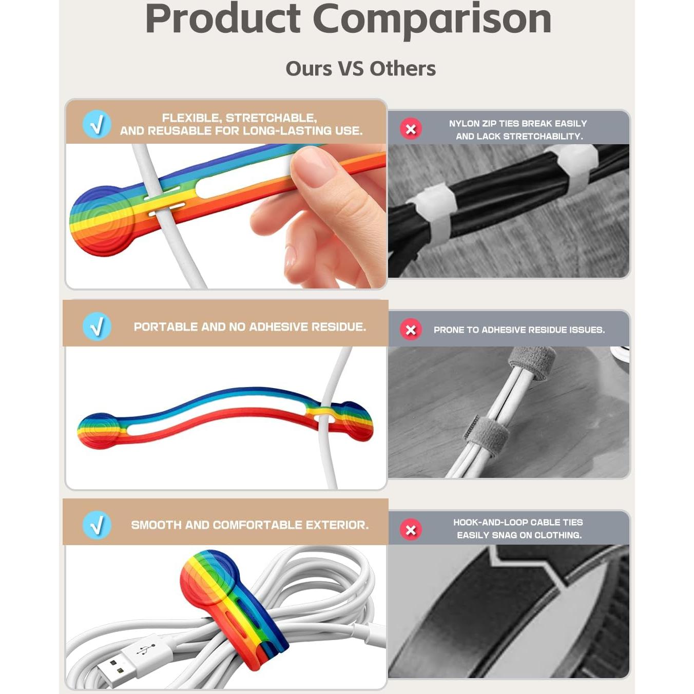 Organizador de Cables Magnético Maveek, 10 Correas de Silicona Arcoíris