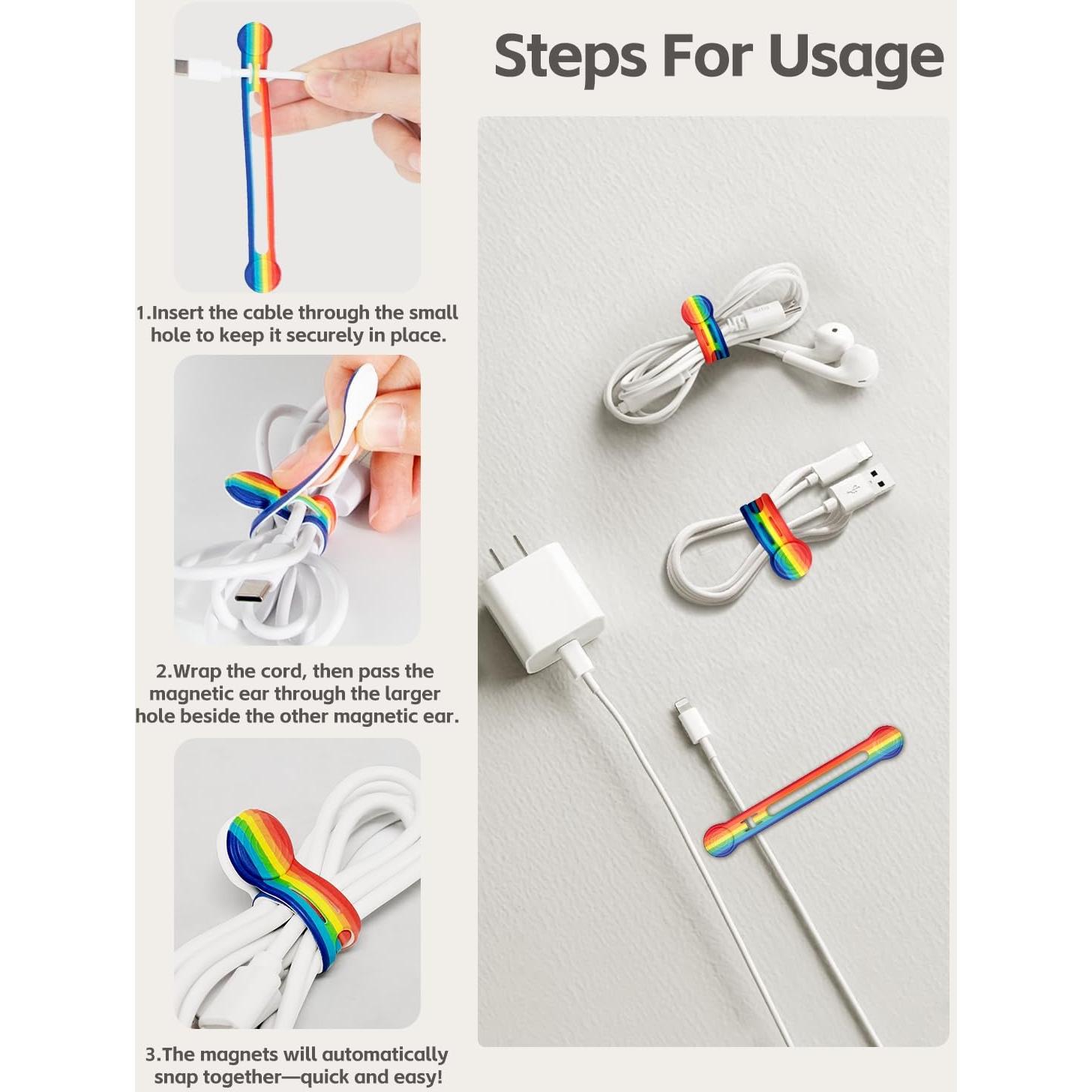 Organizador de Cables Magnético Maveek, 10 Correas de Silicona Arcoíris