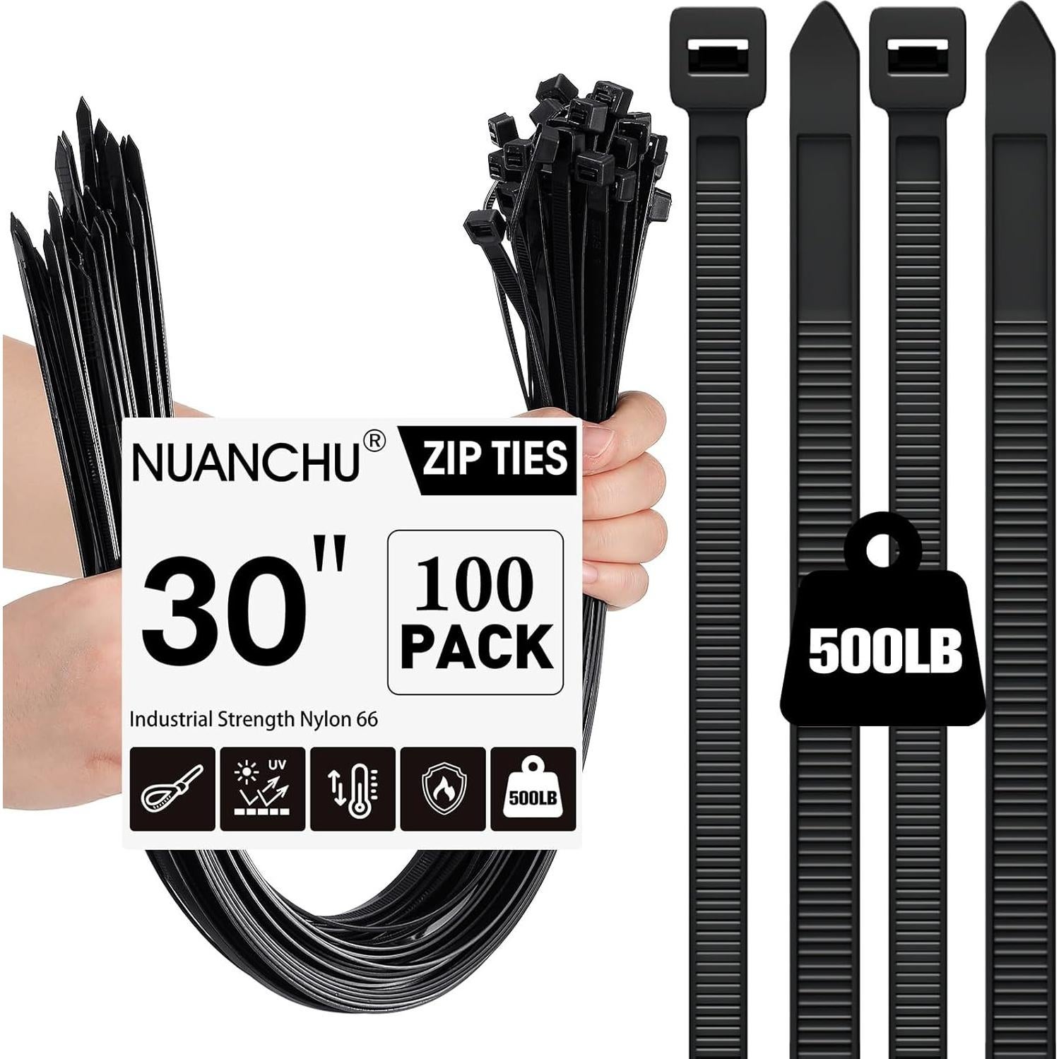 Bridas de Nailon 100 Pcs Nuanchu 76.2 cm Negras Resistentes