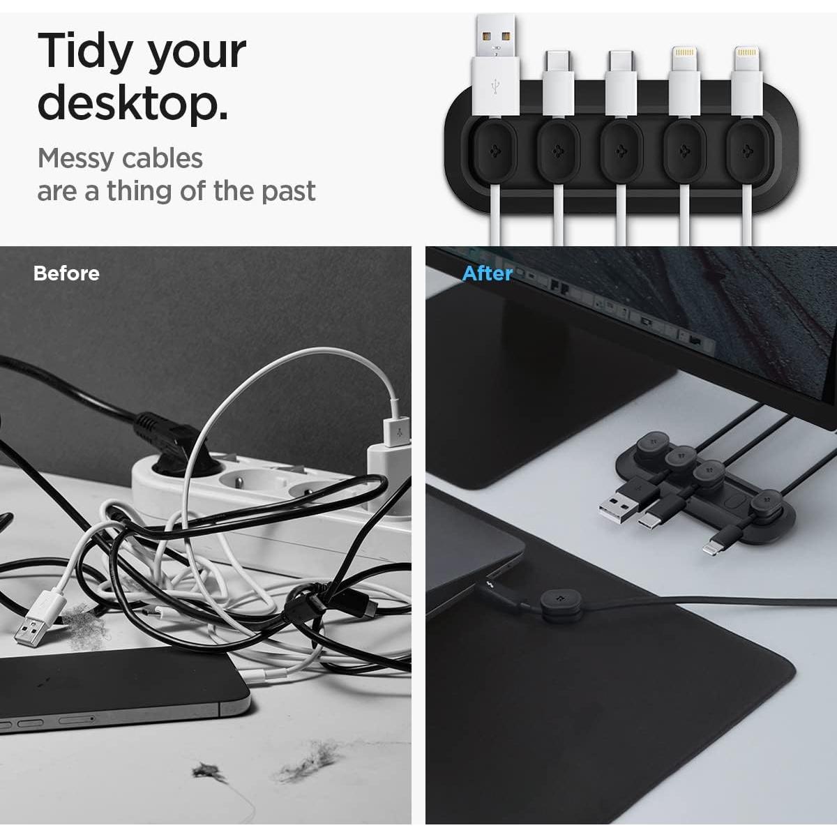Soporte Magnético para Cables Spigen - Organizador Negro 6 Clips