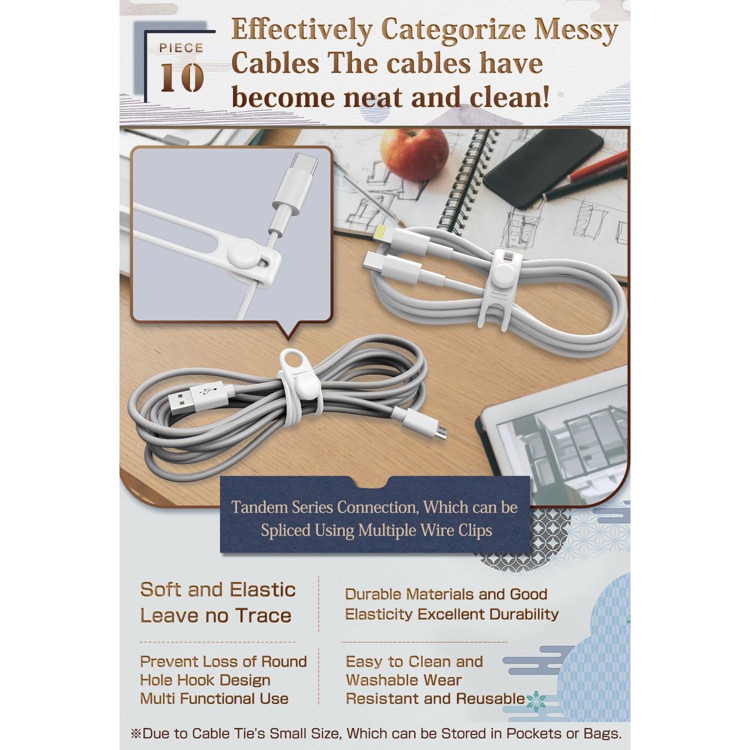 Organizador de Cables Viaky 10 Piezas Silicona Blanca Reutilizables