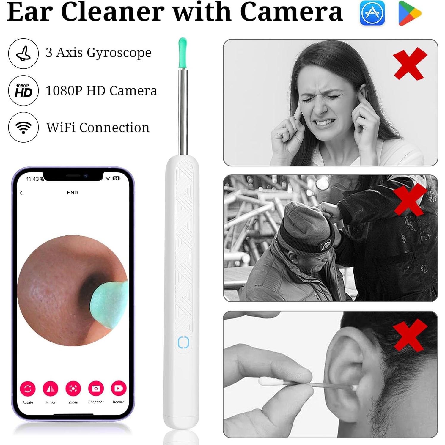 Limpiador de Oídos Recargable Fjordiony con Cámara HD 1080P