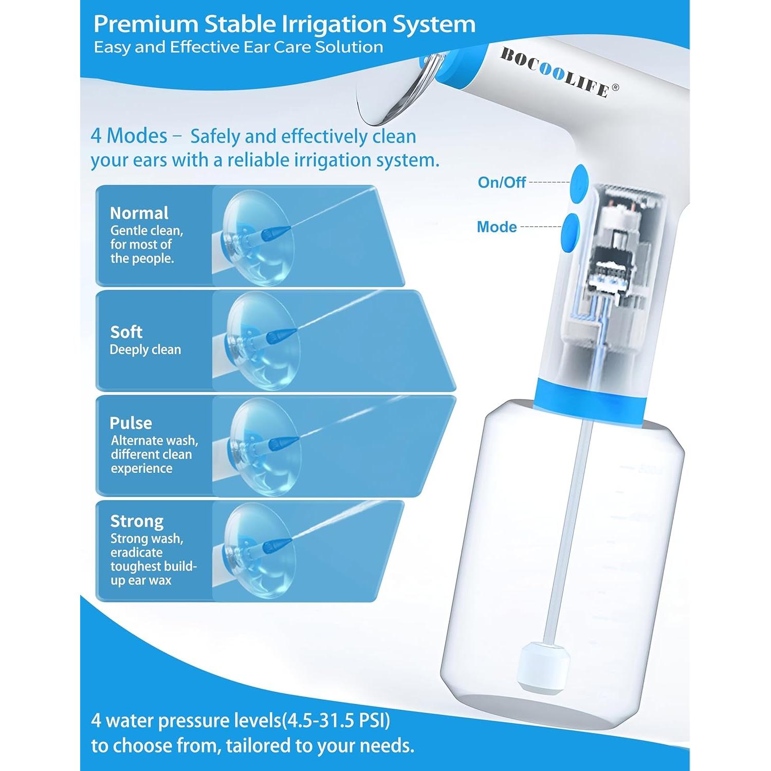 Kit de Limpieza de Oídos Eléctrico BOCOOLIFE - Irrigación con Agua, 4 Niveles de Presión, 500ml