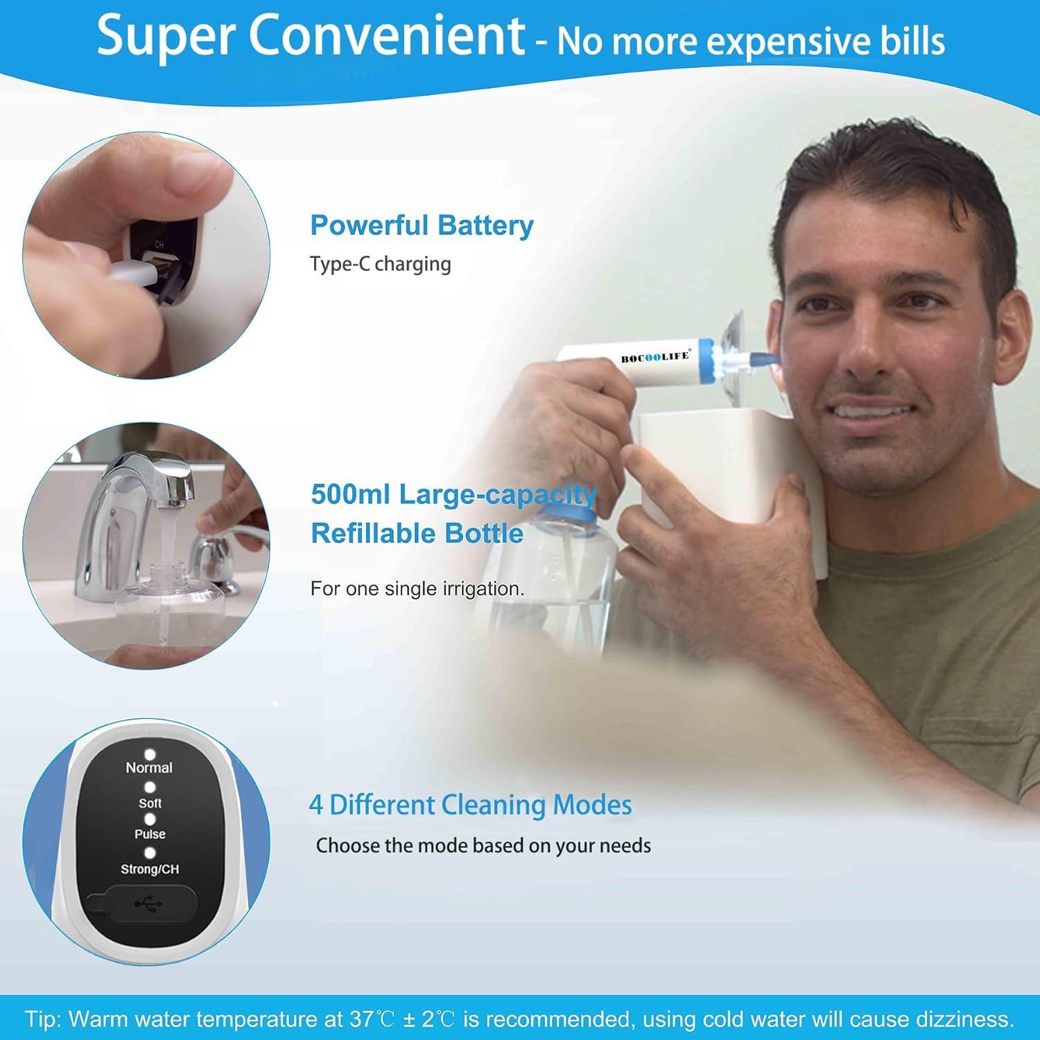 Kit de Limpieza de Oídos Eléctrico BOCOOLIFE - Irrigación con Agua, 4 Niveles de Presión, 500ml