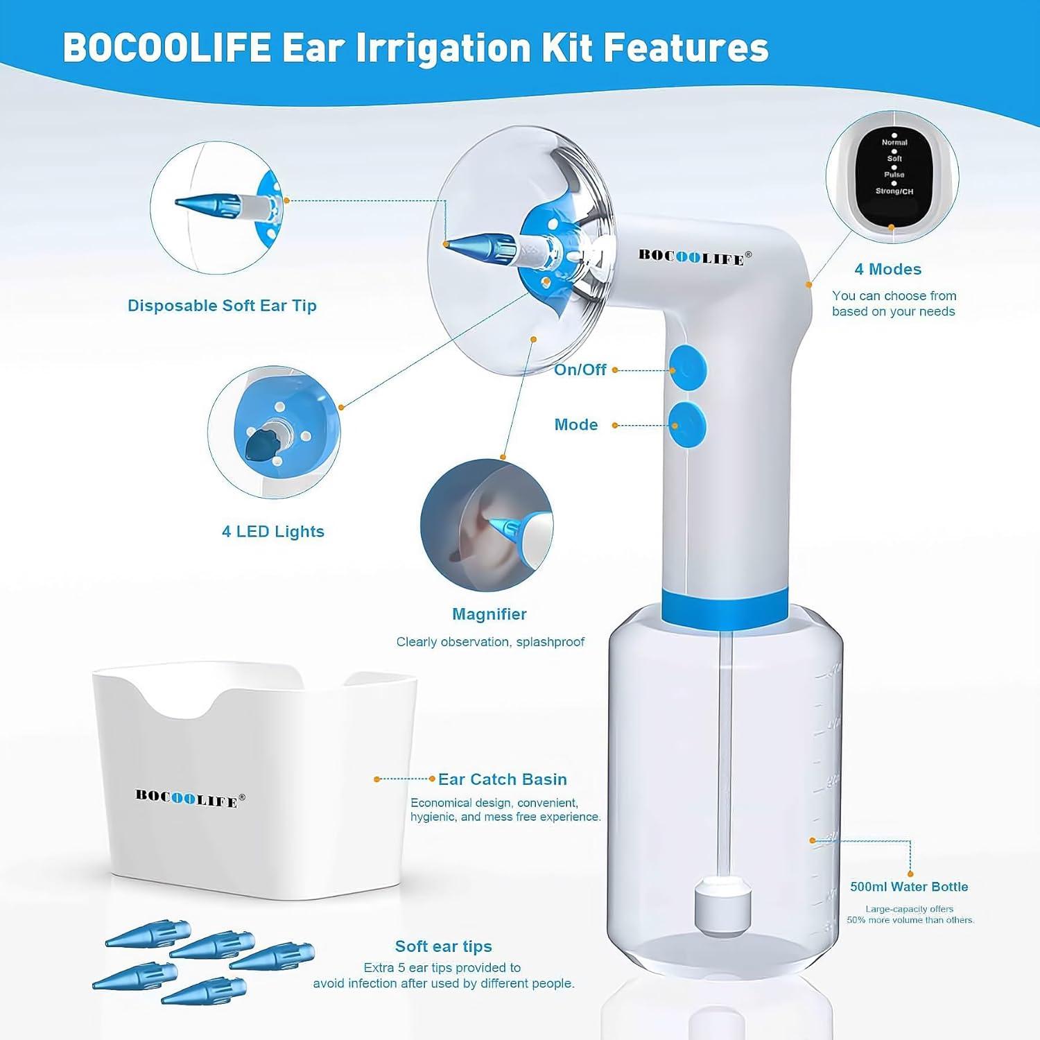 Kit de Limpieza de Oídos Eléctrico BOCOOLIFE - Irrigación con Agua, 4 Niveles de Presión, 500ml