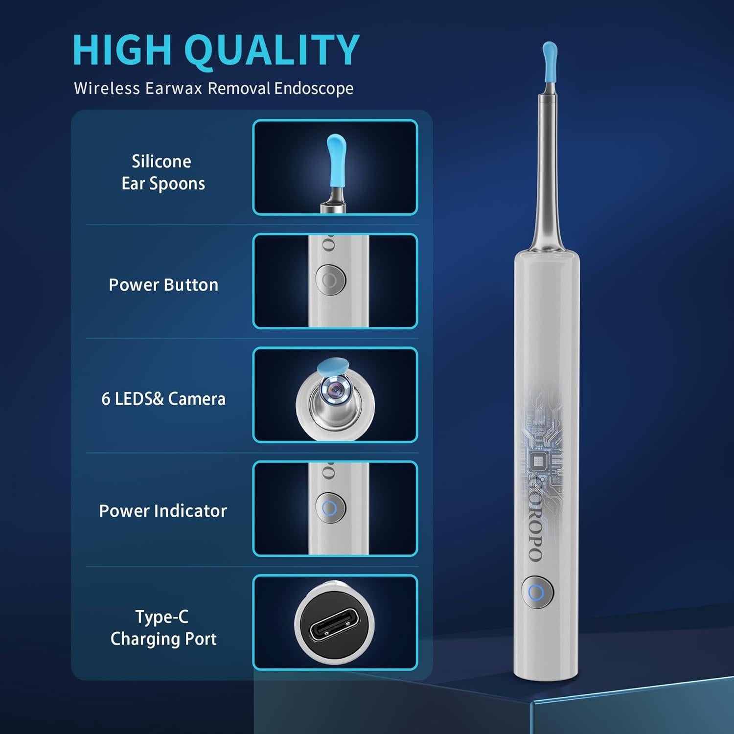 Limpiador de Oído Inalámbrico Goropo con Cámara HD y 4 Puntas