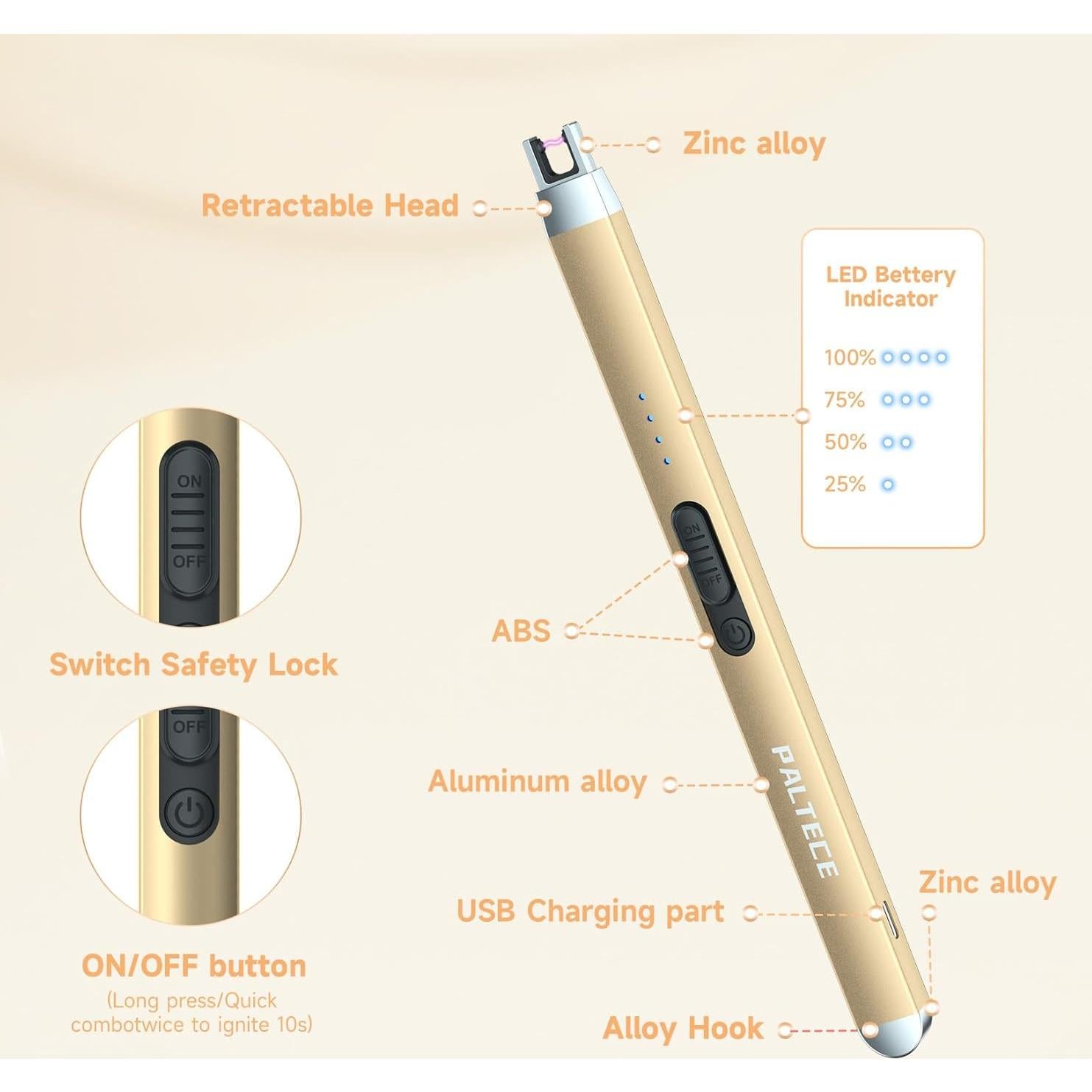 Encendedor Eléctrico PALTECE Oro Champán Recargable USB-C