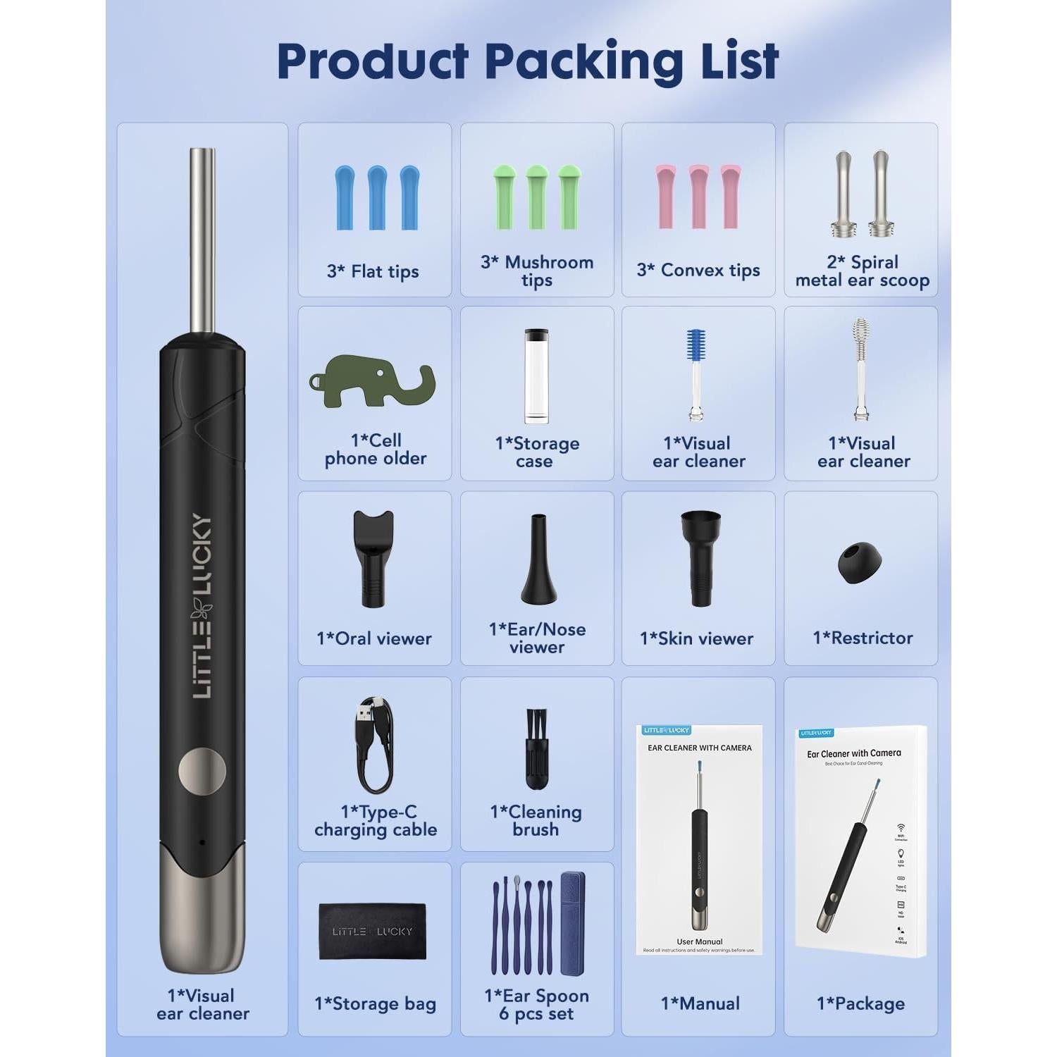 Limpiador de Cera de Oído Littlelucky 1080P con 6 Luces LED