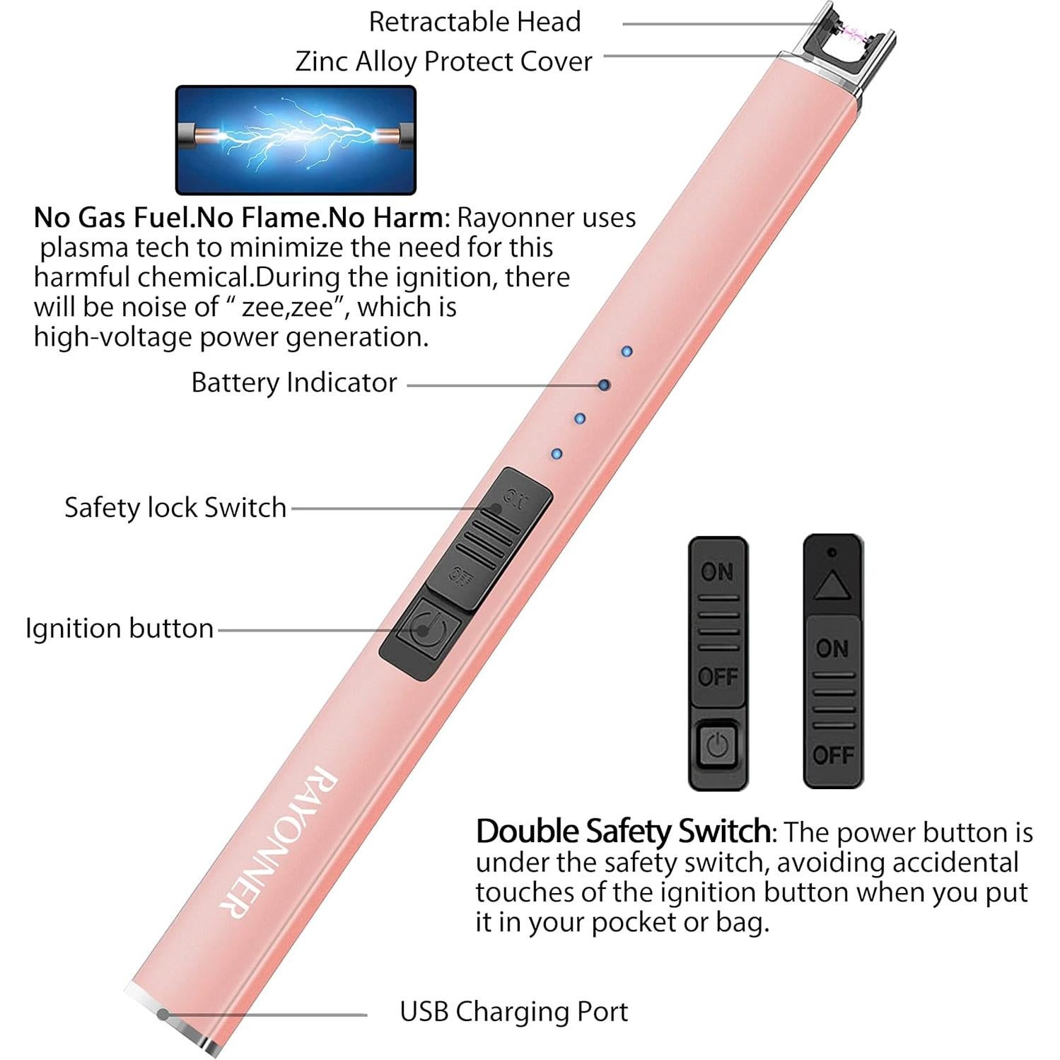 Encendedor Eléctrico RAYONNER Recargable Plasma Verde y Oro Rosa