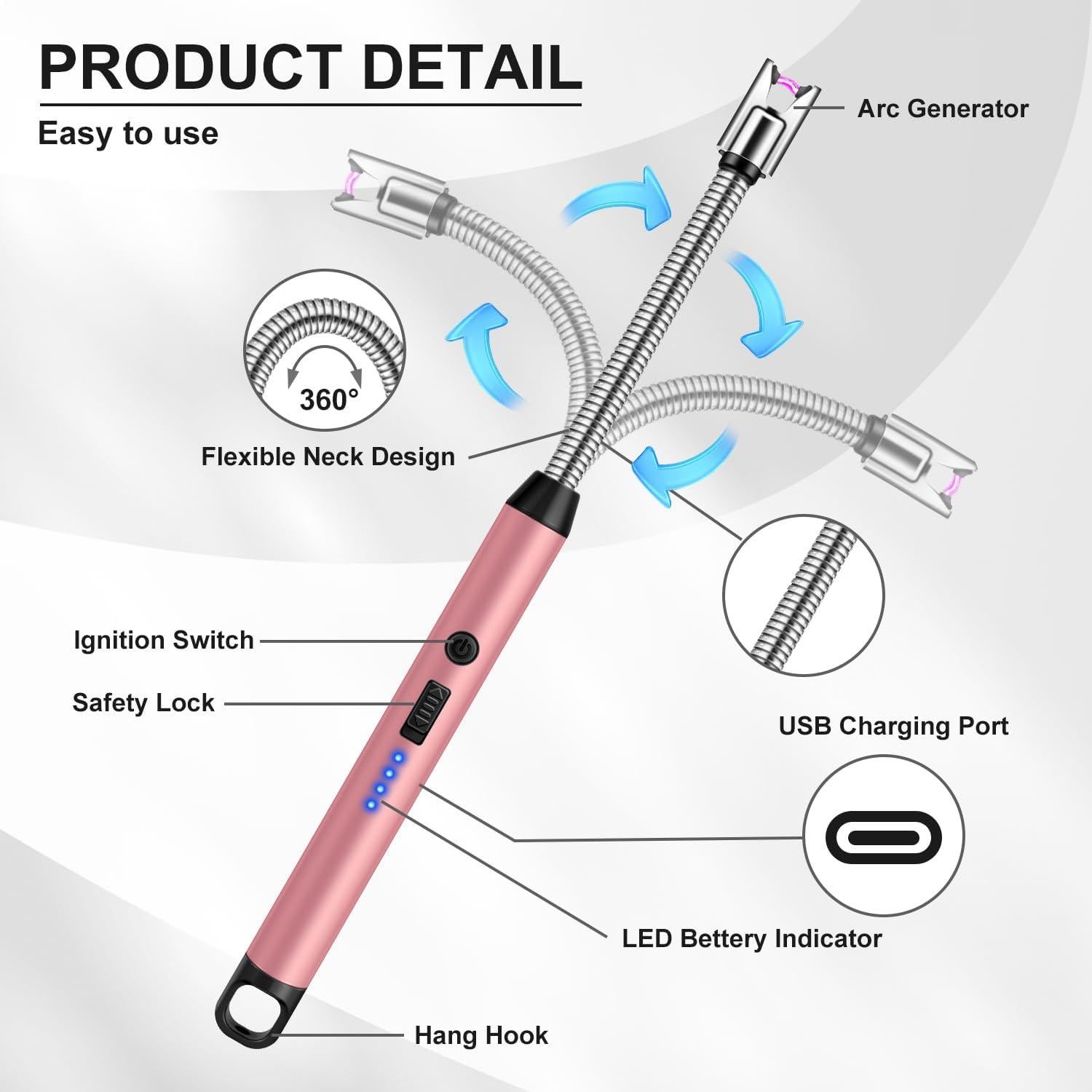Encendedor Eléctrico LcFun USB 25.4 cm Cuello Flexible Oro Rosa