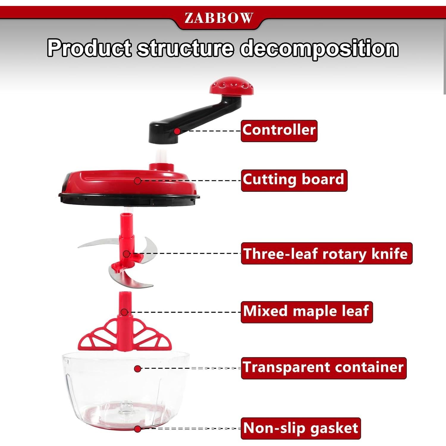 Procesador de Alimentos Manual ZABBOW 1.5L Rojo Picador de Manivela