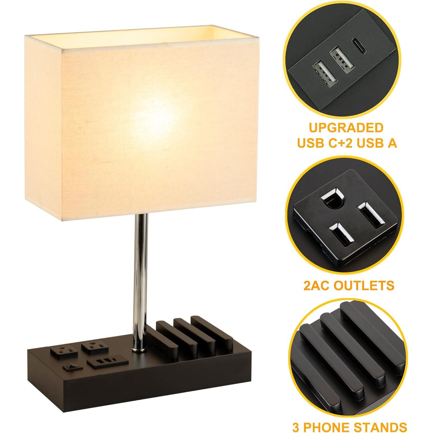 Lámpara de Mesa Briever con 3 Puertos USB y 2 Salidas AC