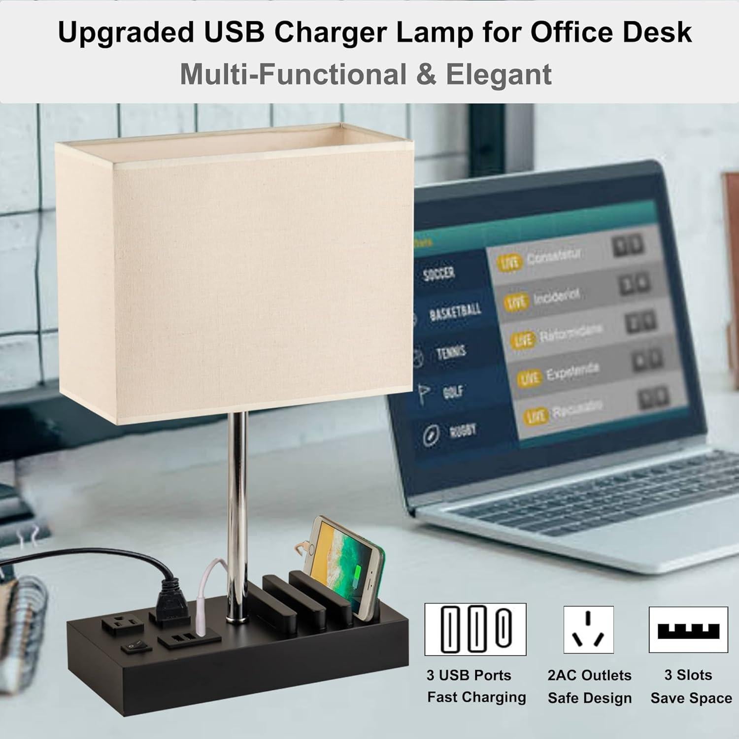 Lámpara de Mesa Briever con 3 Puertos USB y 2 Salidas AC