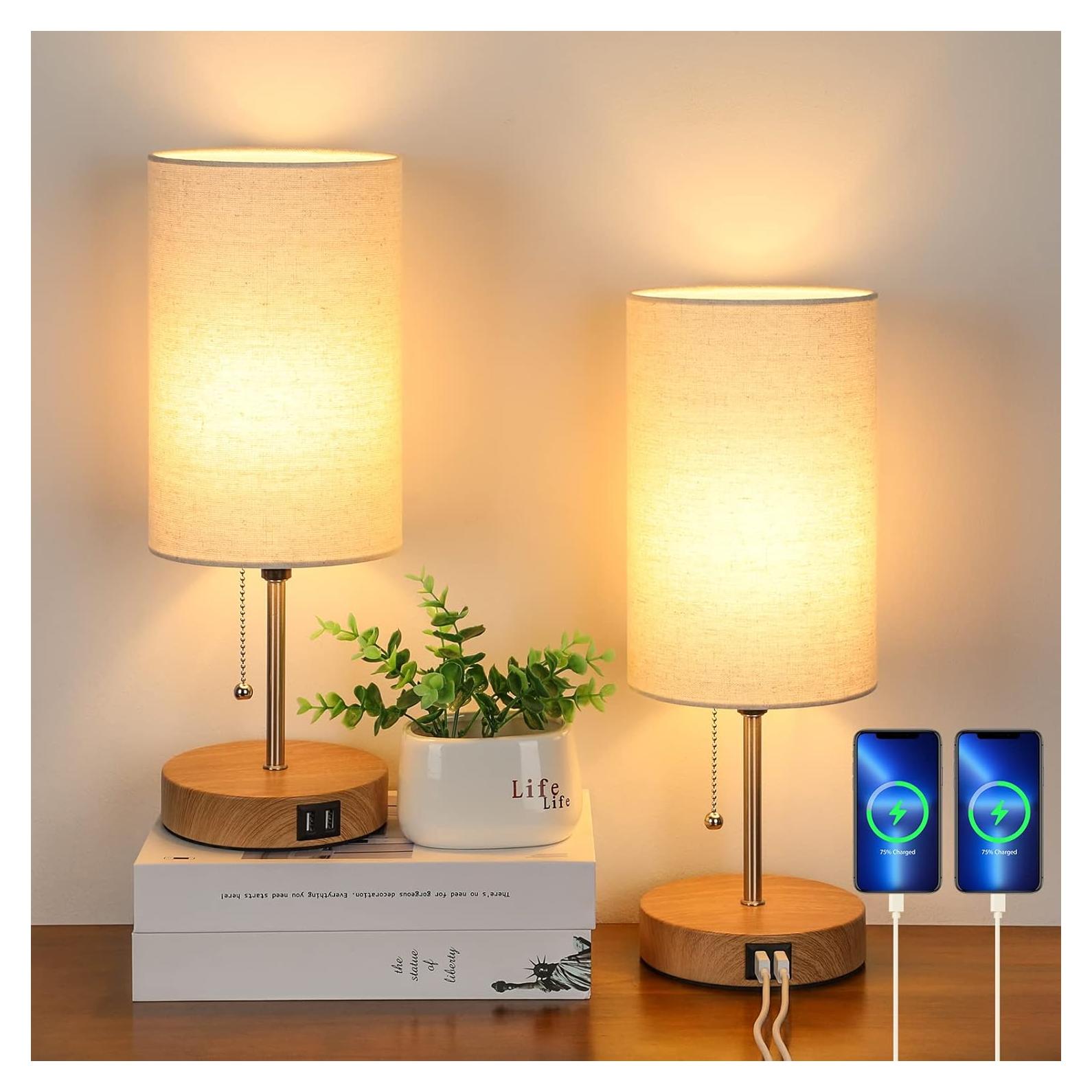 Juego de 2 Lámparas de Mesa Lakumu con Puertos USB Beige