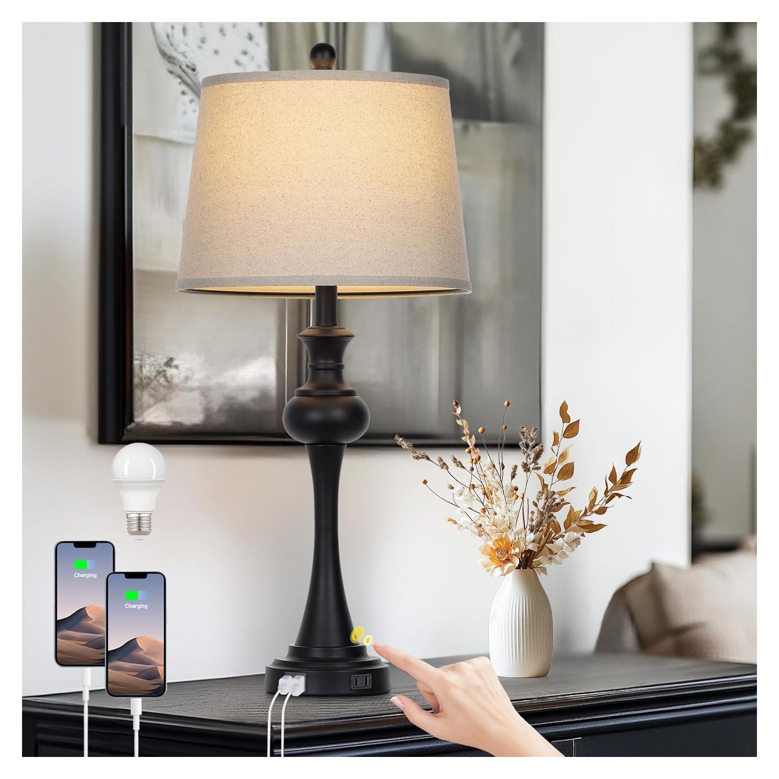 Lámpara de Mesa Táctil CINSARY Negra con Puertos USB y Bombilla