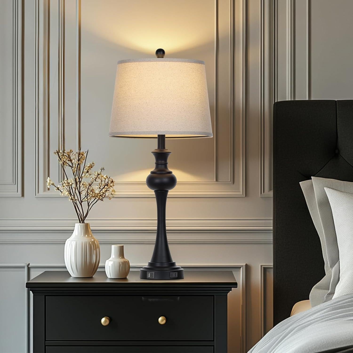 Lámpara de Mesa Táctil CINSARY Negra con Puertos USB y Bombilla