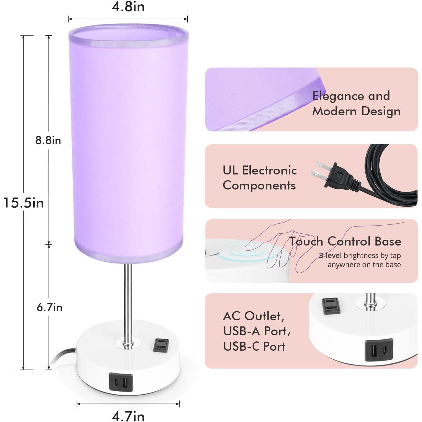 Lámpara de Mesa Táctil Gugsey con USB y Regulador 39cm Púrpura