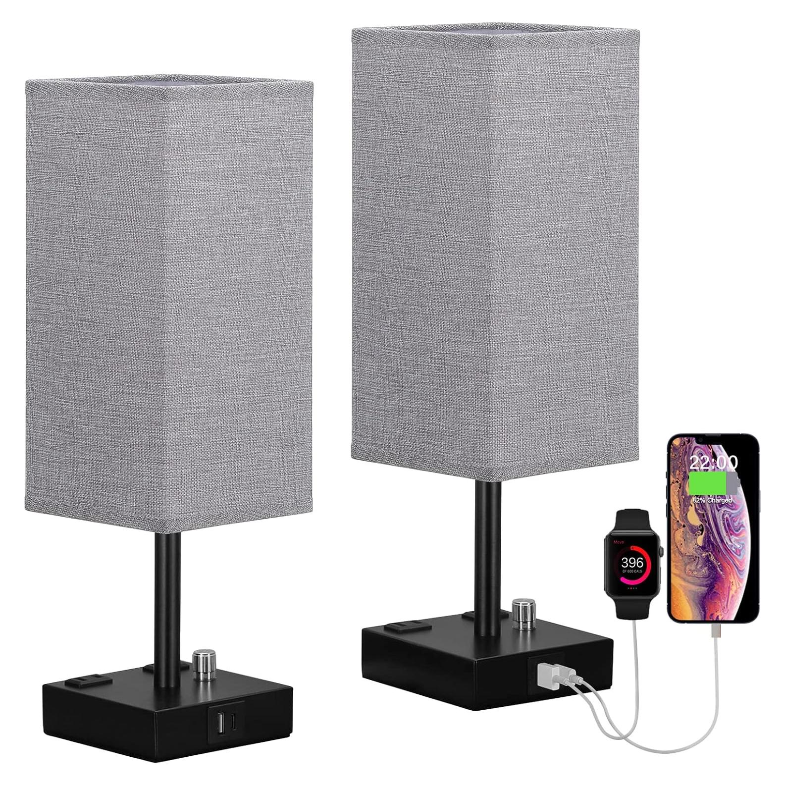 Juego de 2 Lámparas de Mesita Regulables Aooshine Gris USB