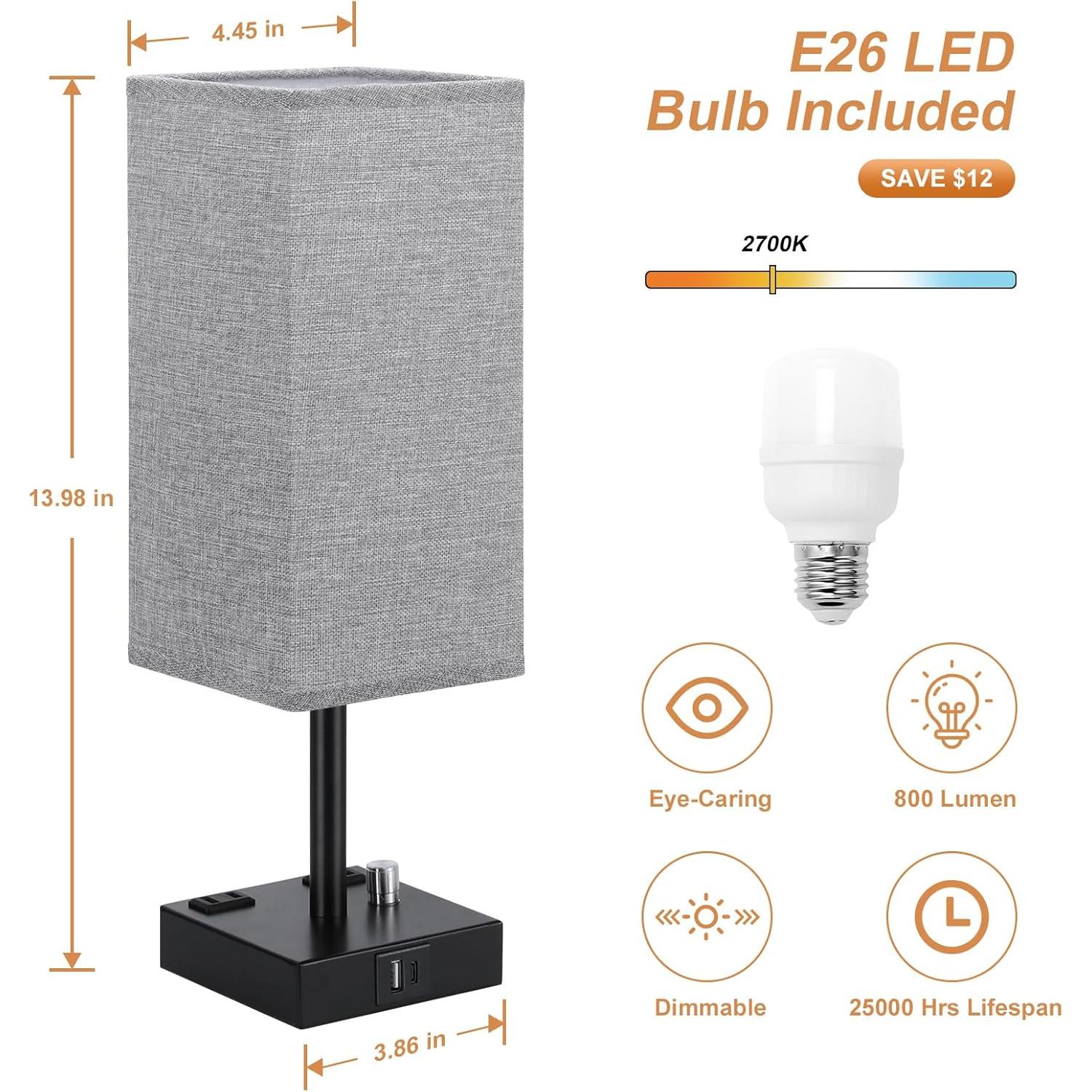 Juego de 2 Lámparas de Mesita Regulables Aooshine Gris USB